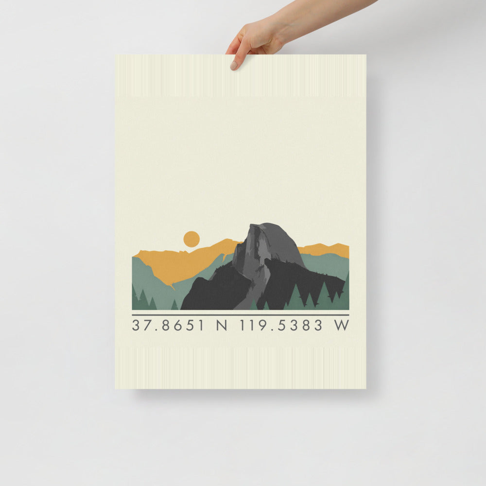 Yosemite coordinates poster with a Half Dome ridgeline and the coordinates 37.8651 N 119.5383 W, held flat against a plain wall