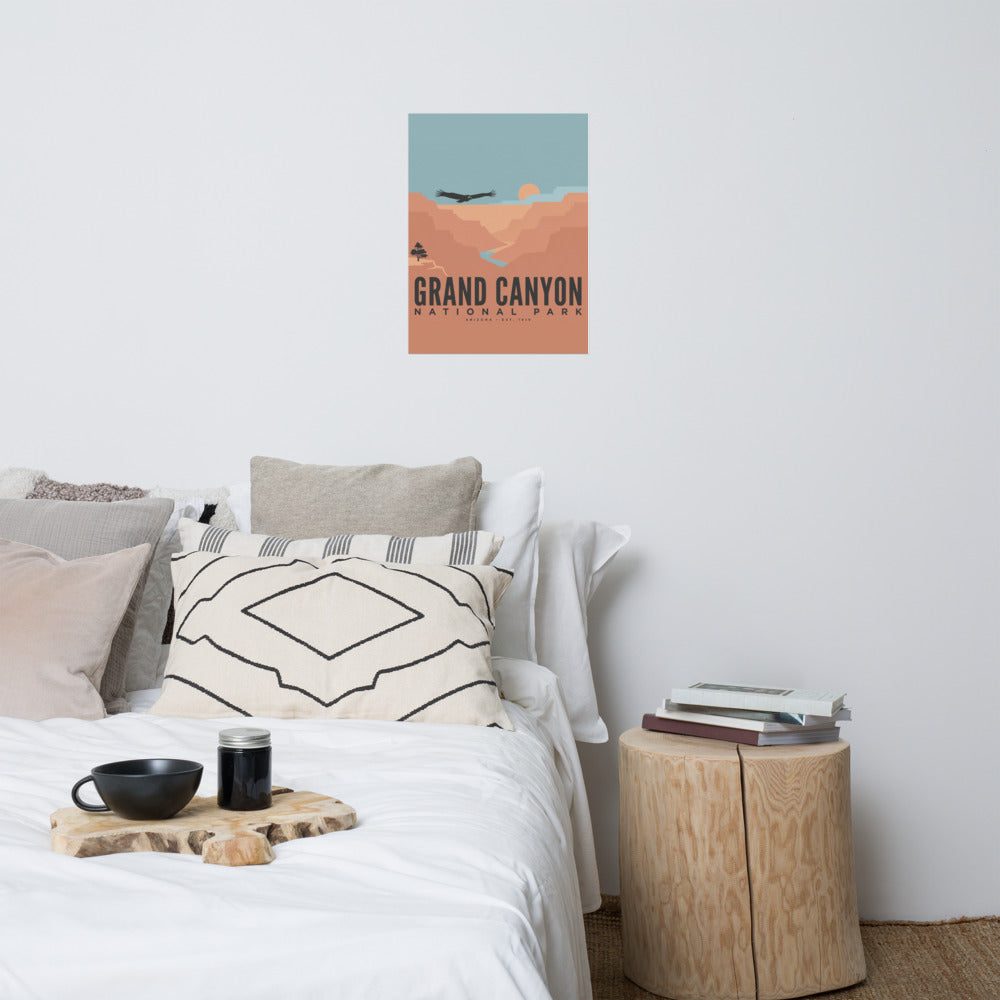 Grand Canyon National Park vintage travel poster hanging on the wall above a bed in a neutral bedroom