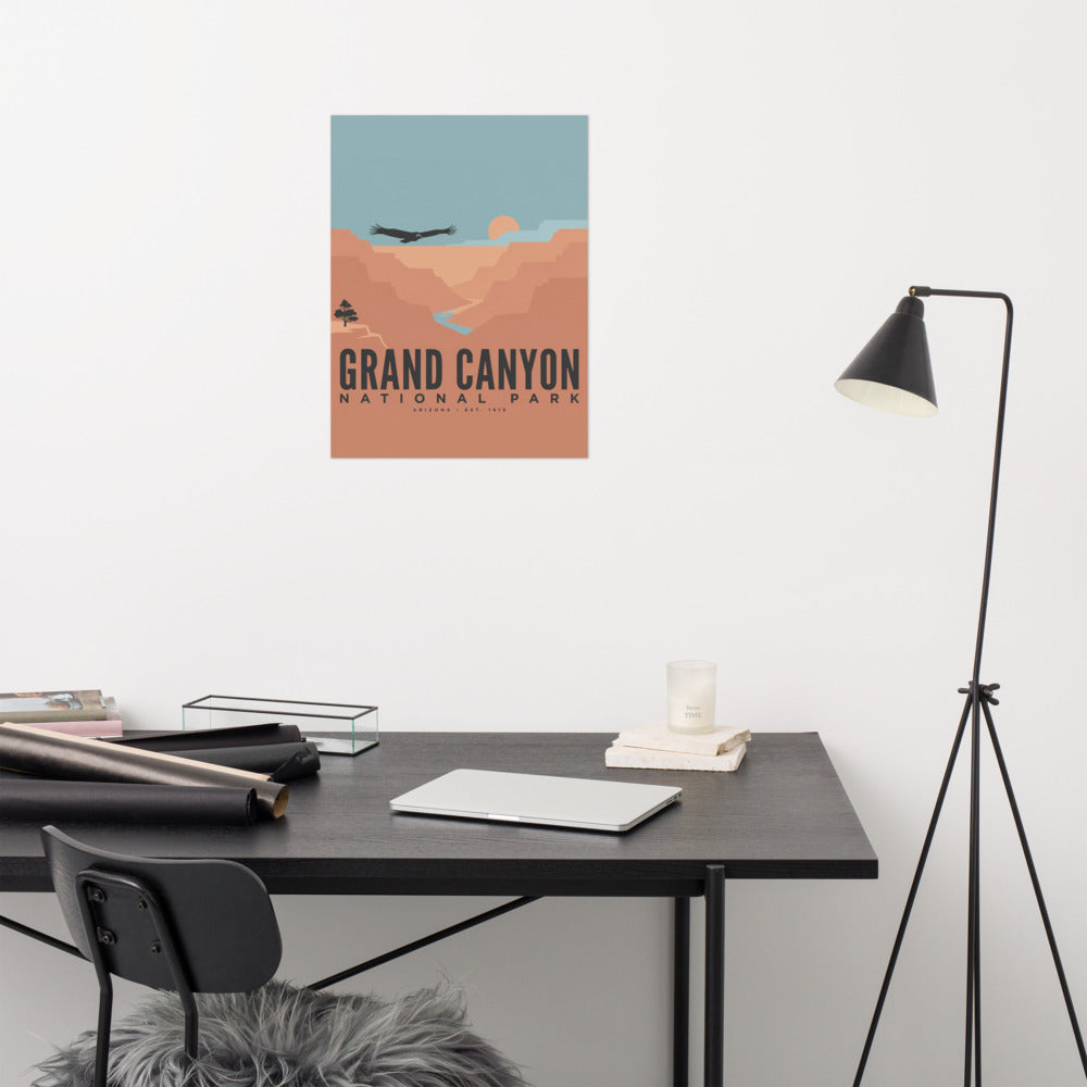 Grand Canyon National Park vintage travel poster hanging above a desk in a modern home office