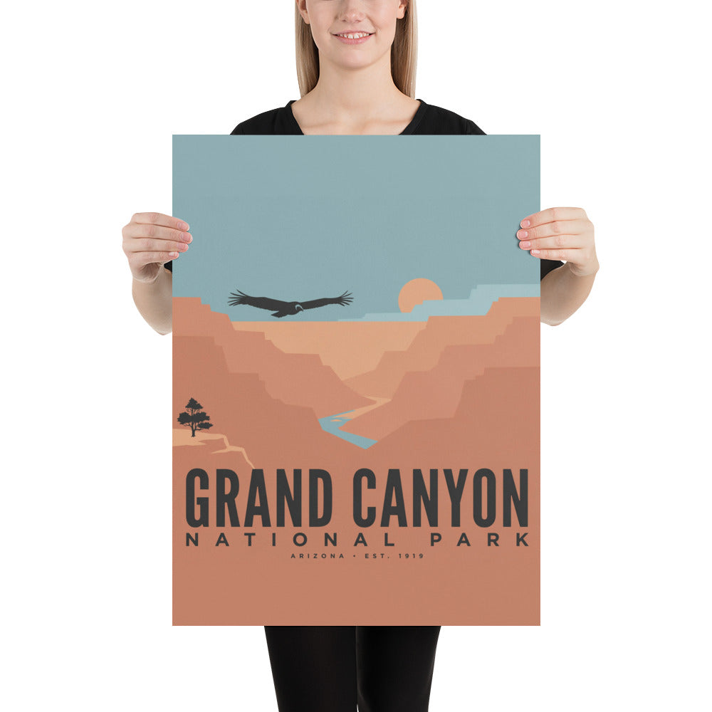 Grand Canyon National Park vintage travel poster held by a person, showing the 18 by 24 inch scale
