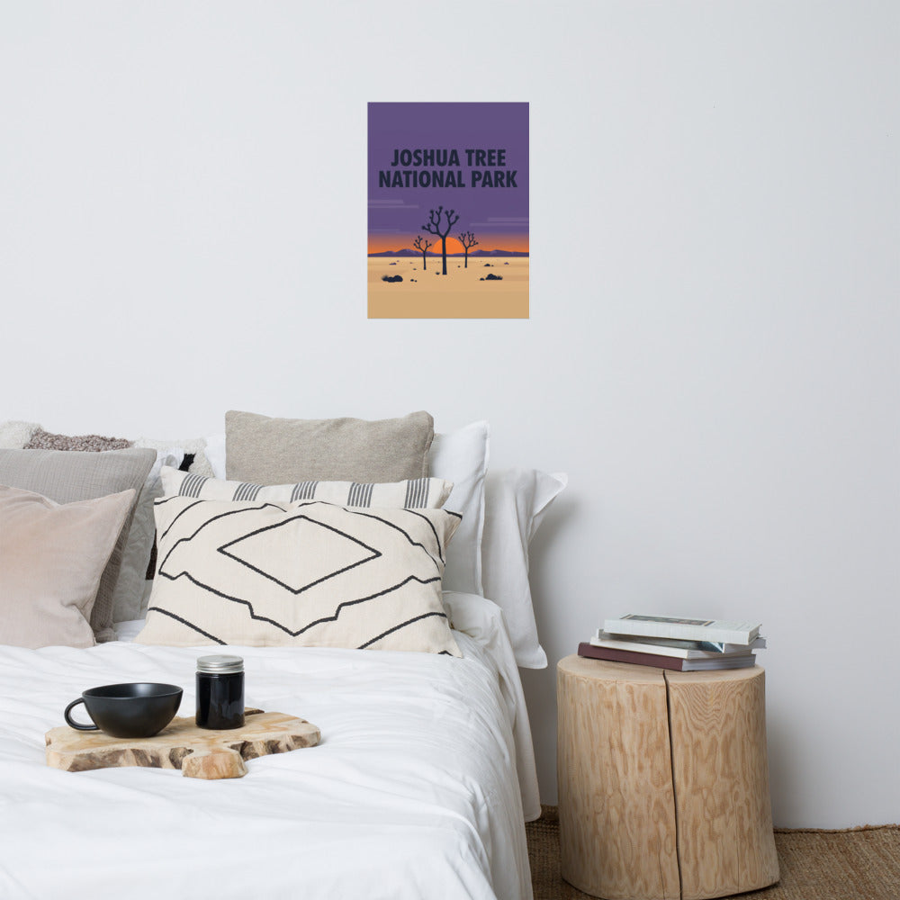 Joshua Tree National Park vintage travel poster hanging on the wall above a bed in a neutral bedroom