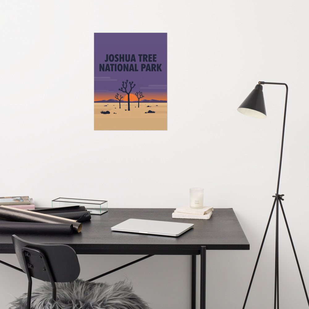 Joshua Tree National Park vintage travel poster hanging above a desk in a modern home office