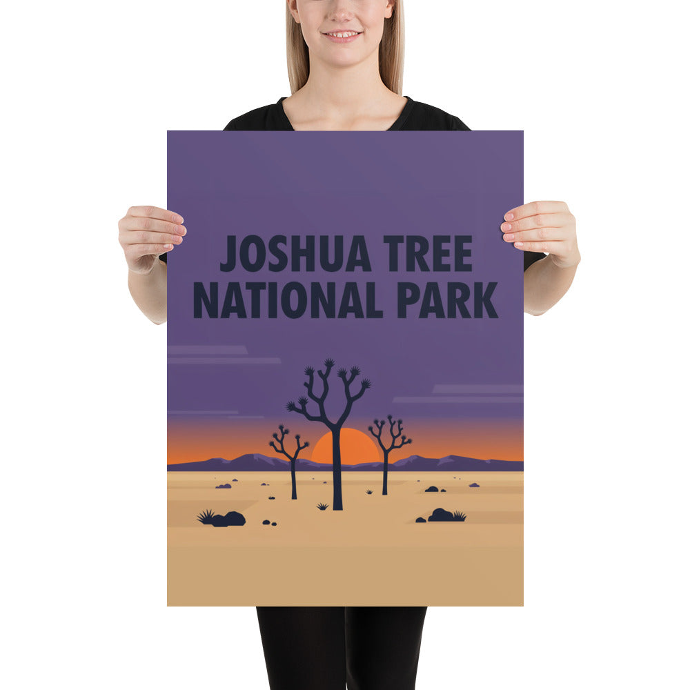 Joshua Tree National Park vintage travel poster held by a person, showing the 18 by 24 inch scale