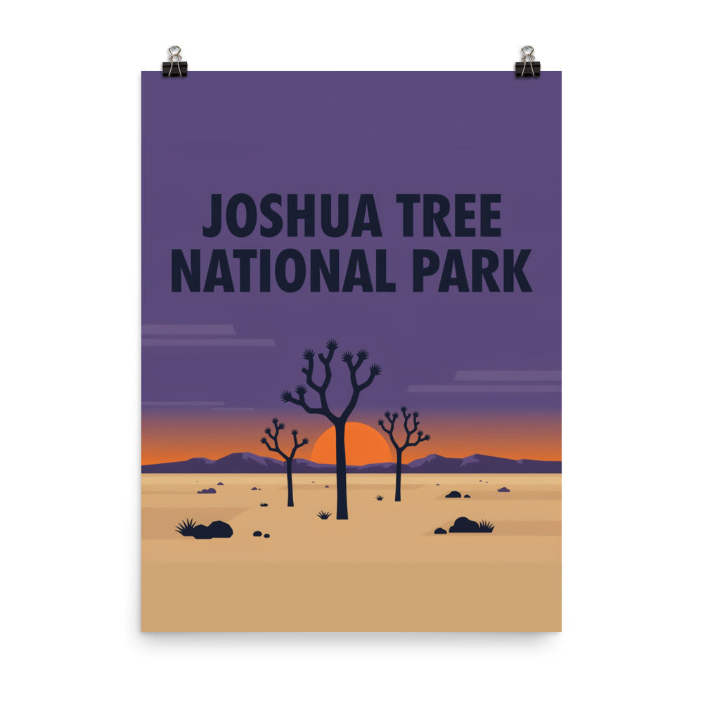 Joshua Tree National Park vintage travel poster hung from clips against a white wall