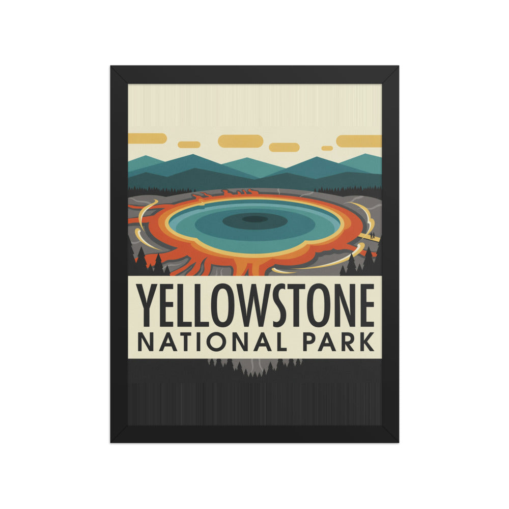 Framed Yellowstone National Park vintage travel poster showing Grand Prismatic Spring in a black wood frame, 12x16 inch matte print, front view