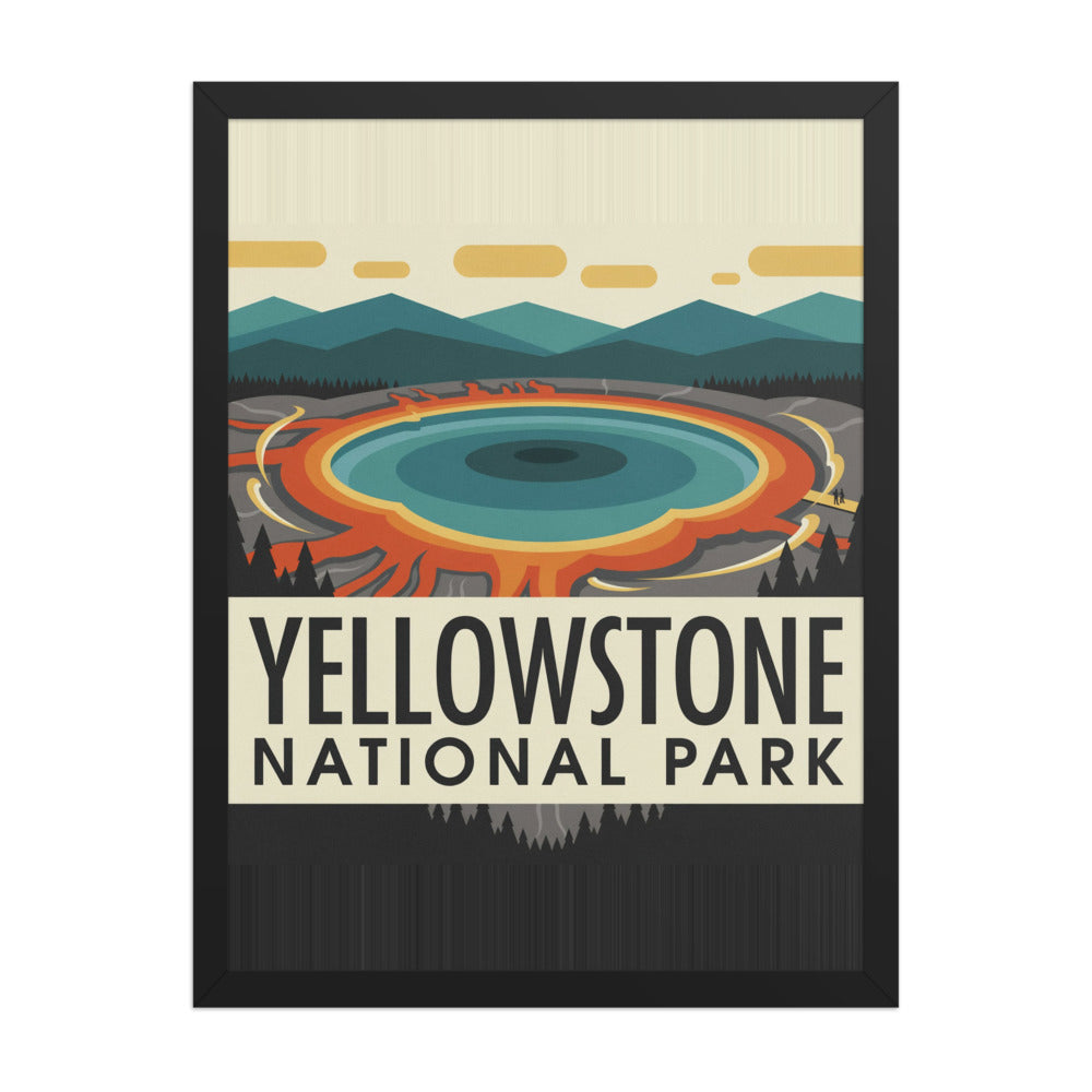 Framed Yellowstone National Park vintage travel poster showing Grand Prismatic Spring in a black wood frame, 18x24 inch matte print, front view