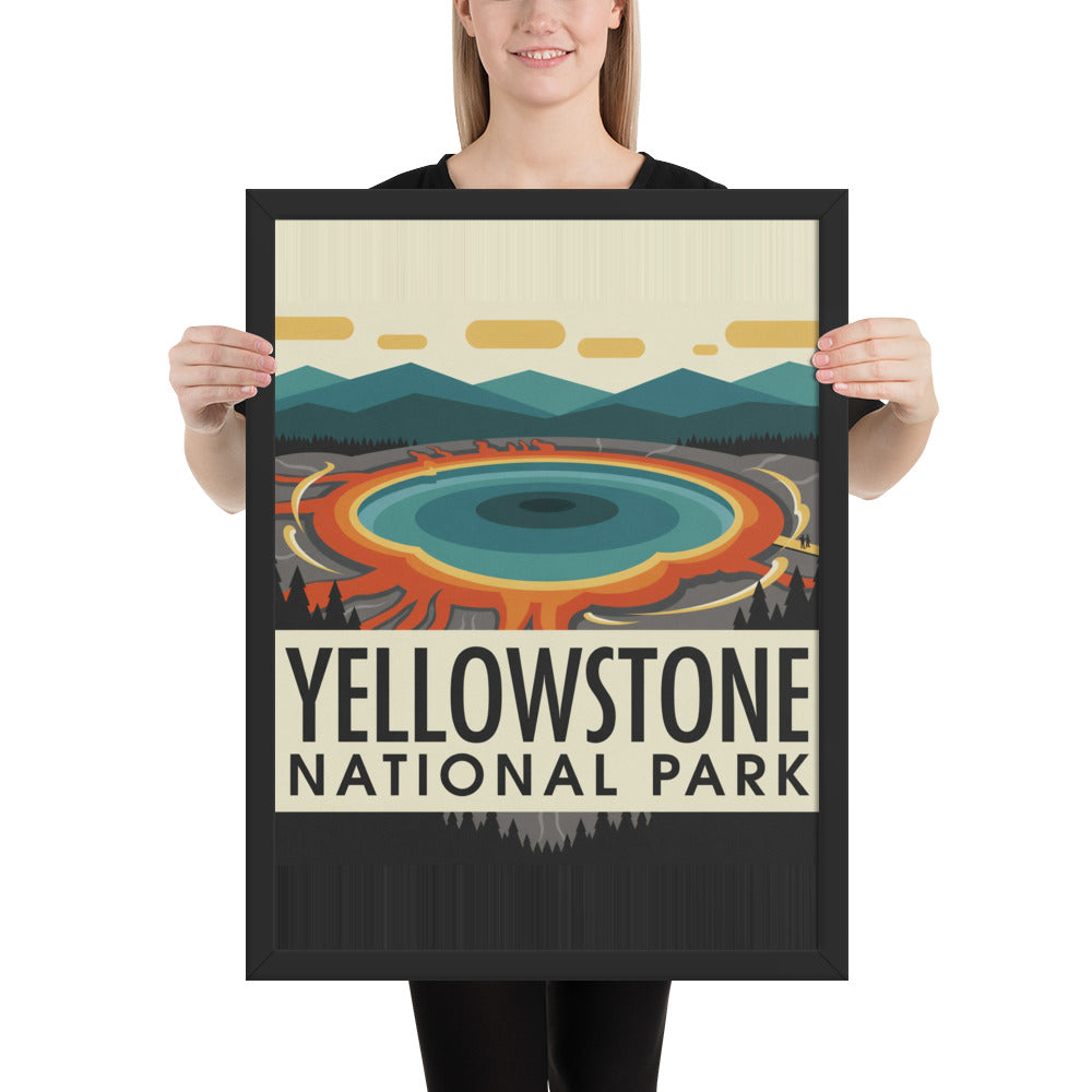 Framed Yellowstone National Park vintage travel poster showing Grand Prismatic Spring in a black wood frame, held by a person to show scale