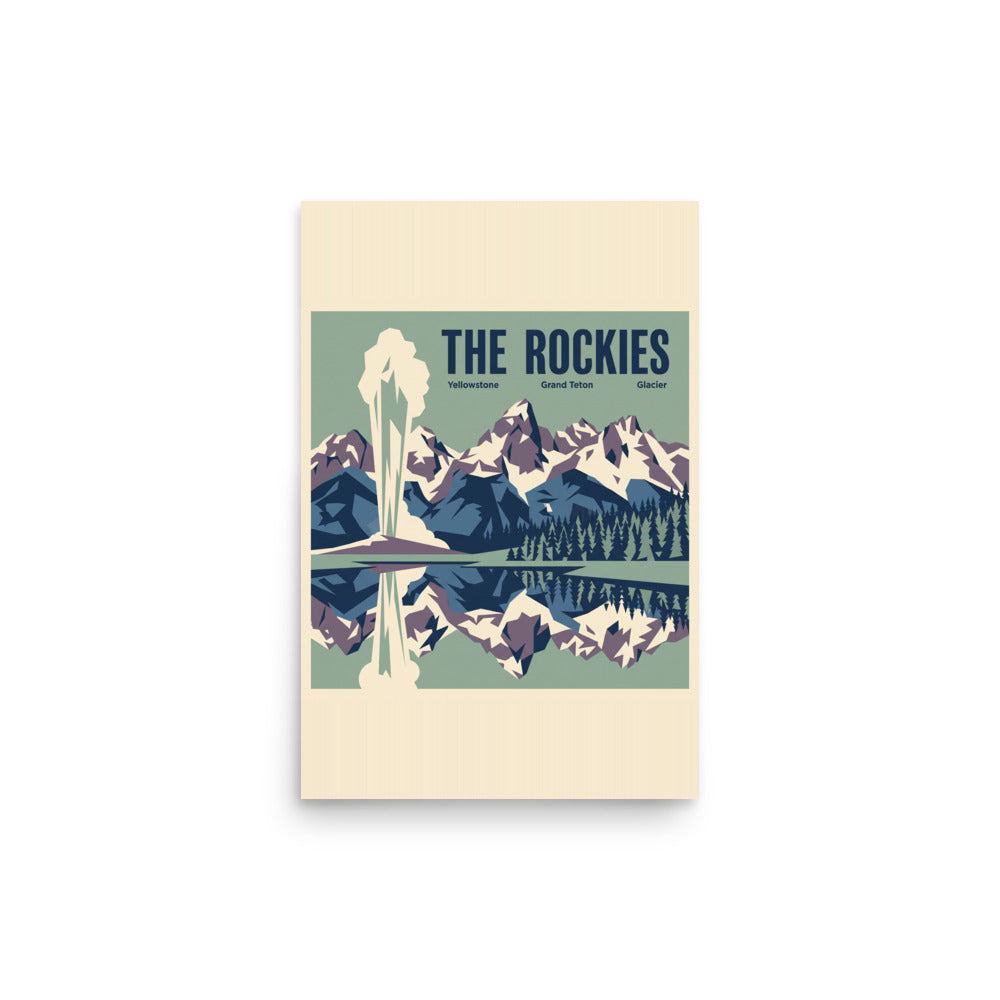 The Rockies vintage travel poster showing Yellowstone, Grand Teton and Glacier as one mountain panorama, 12x18 inch matte print, front view