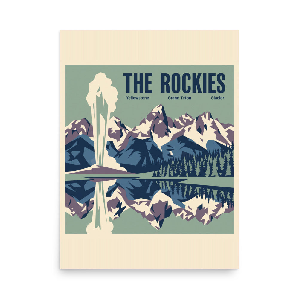 The Rockies vintage travel poster showing Yellowstone, Grand Teton and Glacier as one mountain panorama, 18x24 inch matte print, front view