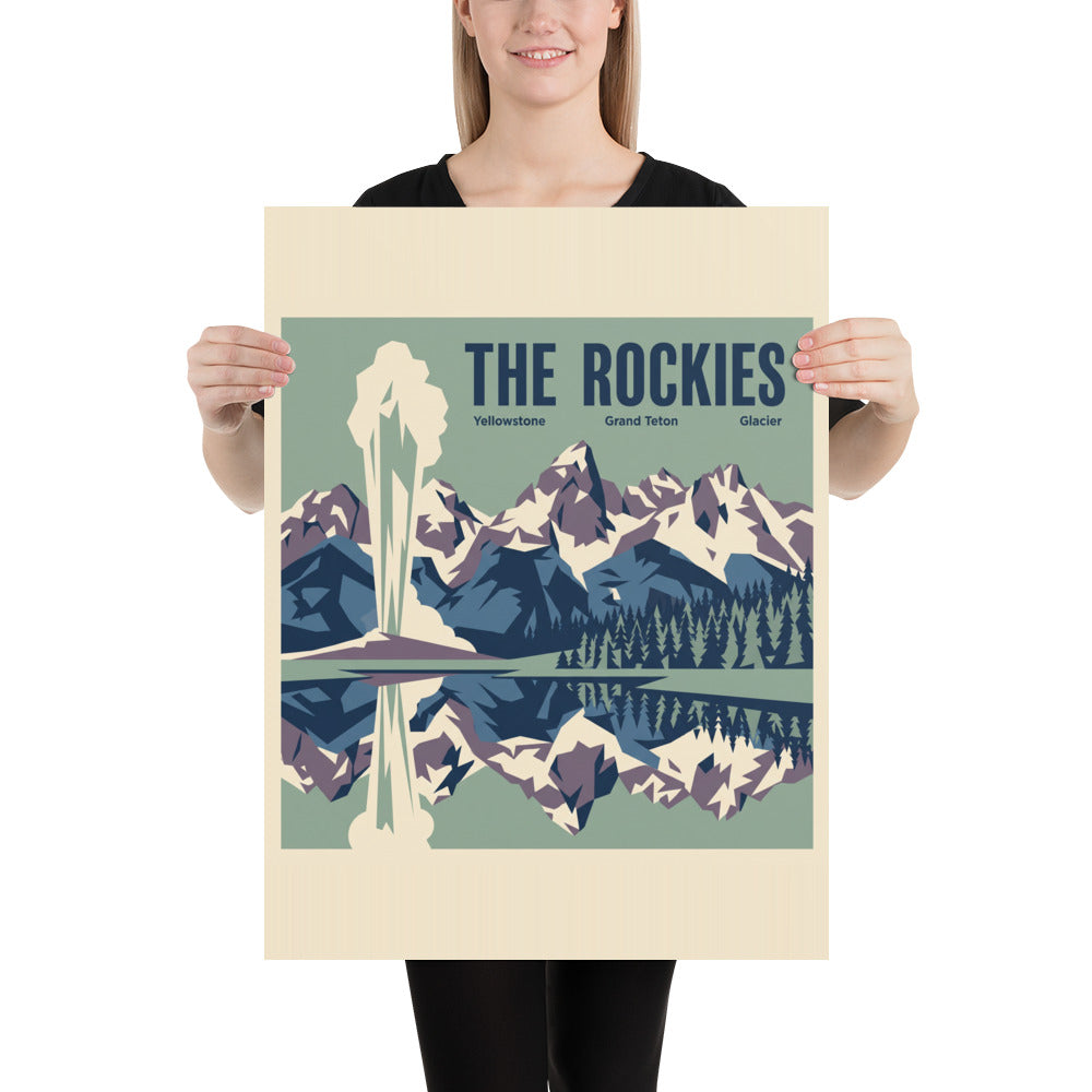 The Rockies vintage travel poster showing Yellowstone, Grand Teton and Glacier as one mountain panorama, held by a person to show scale