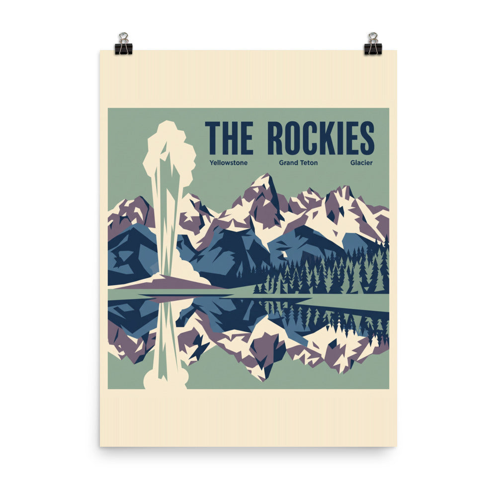 The Rockies vintage travel poster showing Yellowstone, Grand Teton and Glacier as one mountain panorama, front view on a transparent style background