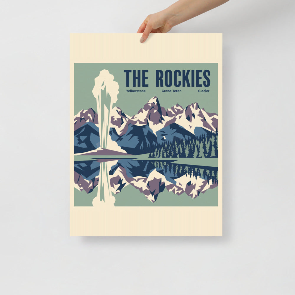 The Rockies vintage travel poster showing Yellowstone, Grand Teton and Glacier as one mountain panorama, held flat against a plain wall