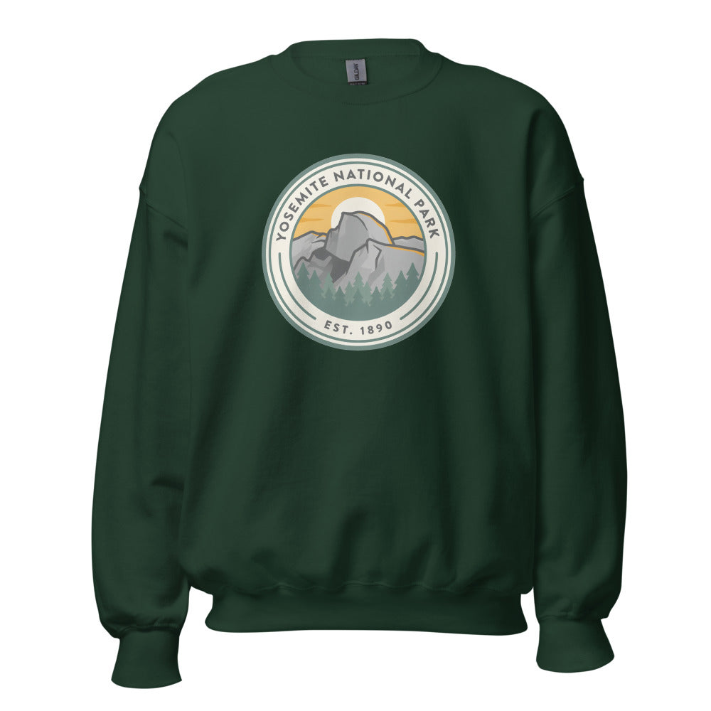 Yosemite National Park vintage badge crewneck sweatshirt in forest green, front view
