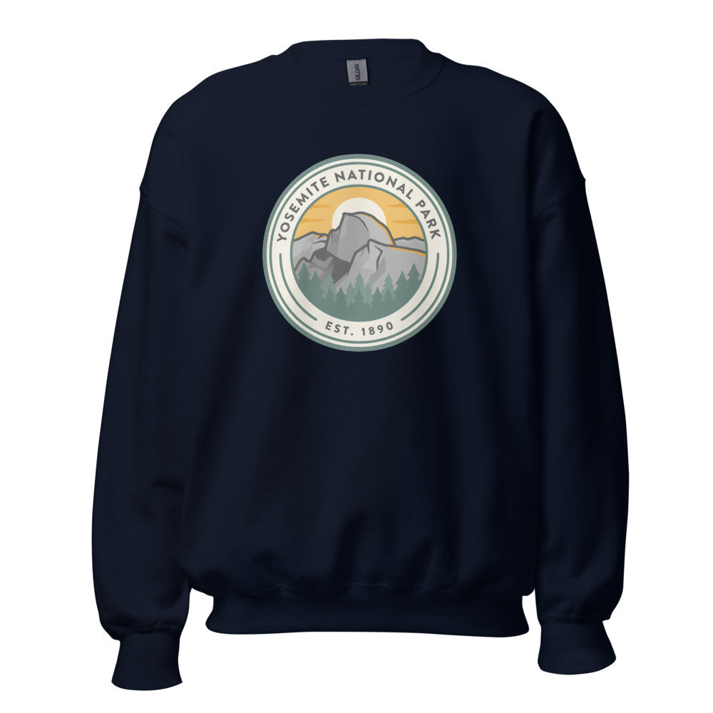 Yosemite National Park vintage badge crewneck sweatshirt in navy, front view