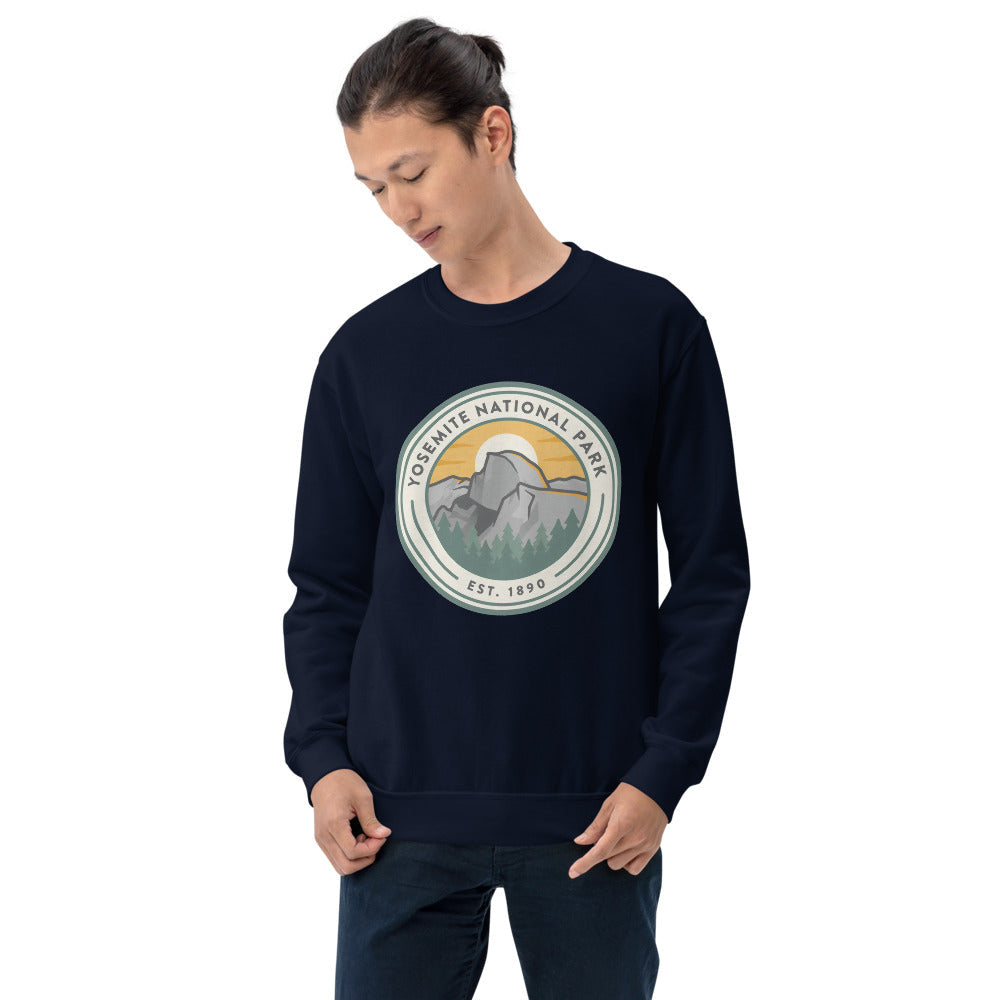 Yosemite National Park badge crewneck sweatshirt worn by a model in navy