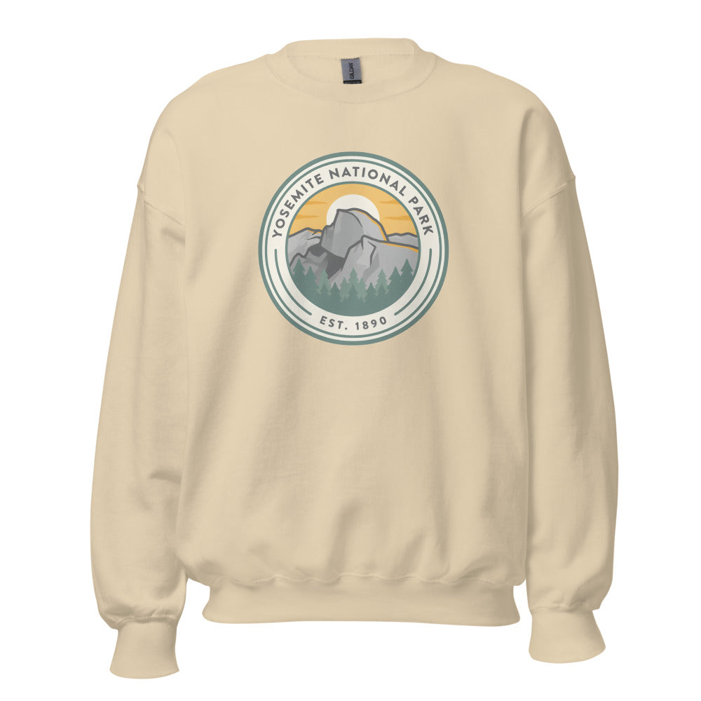 Yosemite National Park vintage badge crewneck sweatshirt in sand, front view