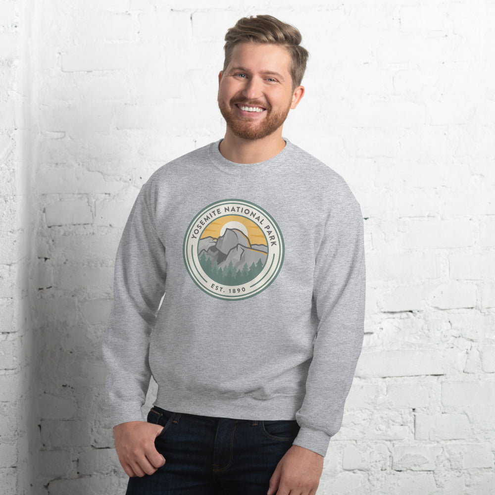 Yosemite National Park badge crewneck sweatshirt in sport grey, outdoor lifestyle shot