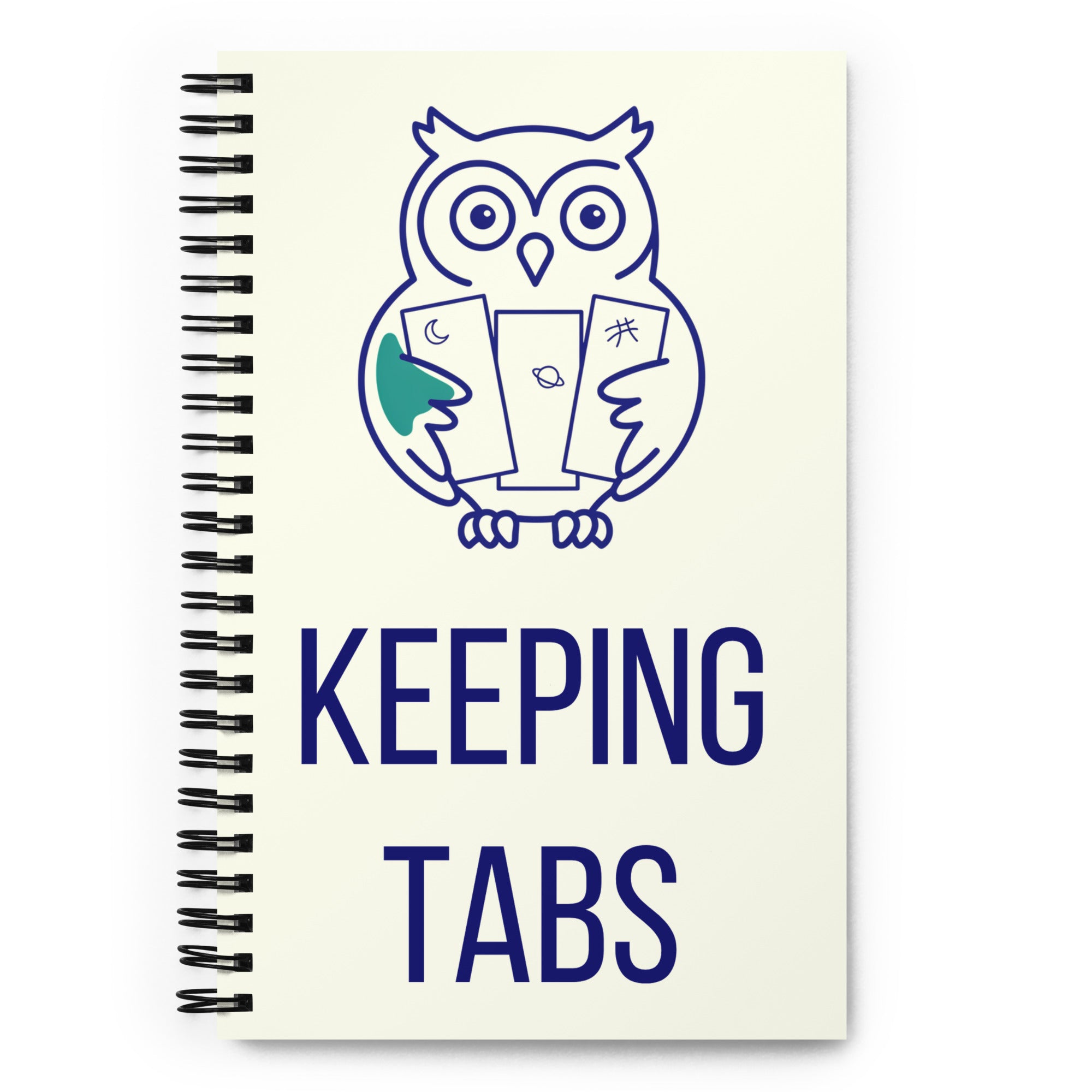 Astronomy notebook with a navy line-drawn owl hugging three index tabs and the words KEEPING TABS on an ivory cover