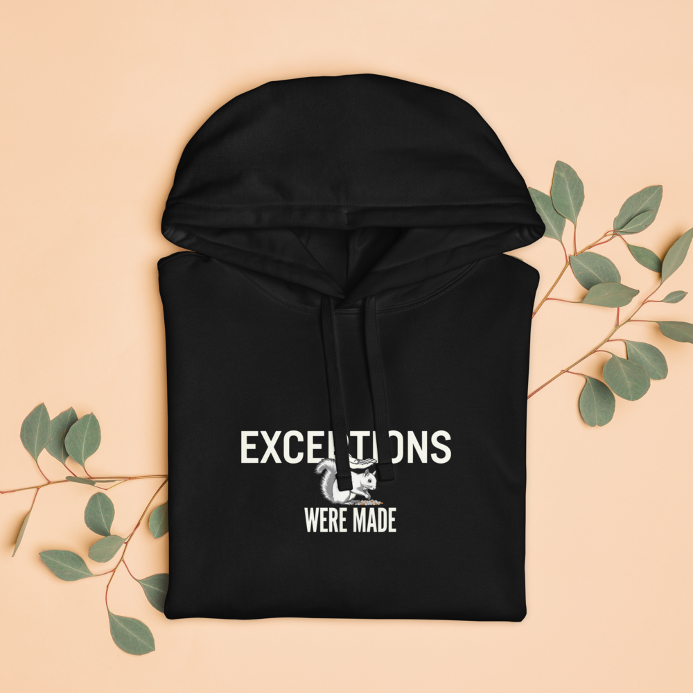 The black squirrel hoodie folded with eucalyptus leaves, showing EXCEPTIONS WERE MADE around a squirrel eating seed
