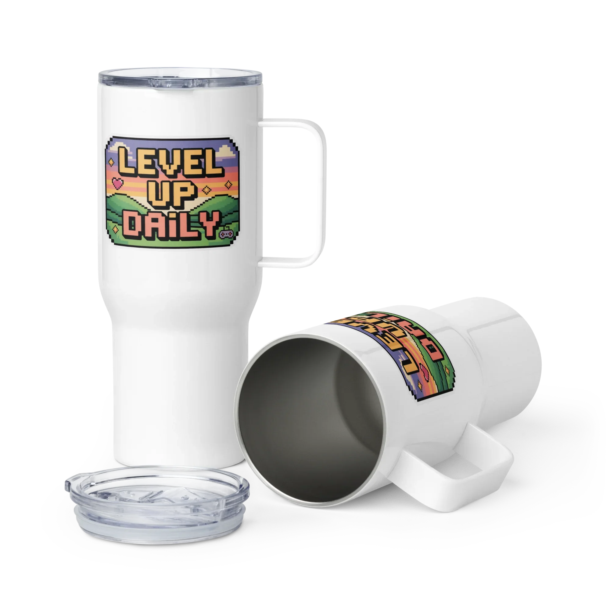Level Up Daily Pixel Art Design – Motivational Retro Gaming Mug - RaZits