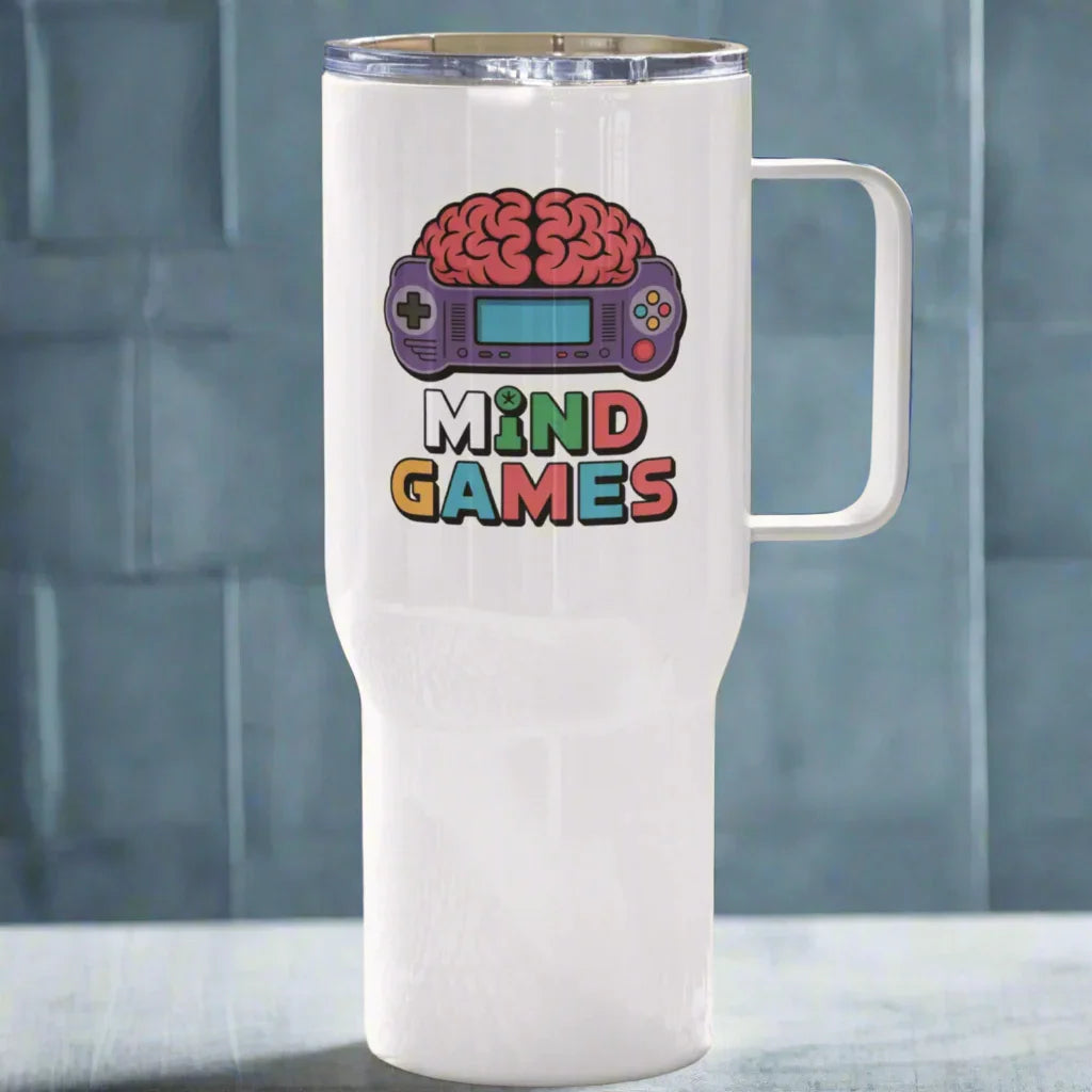 Mind Games Gamer Travel Mug – Brain & Controller Puzzle Art - RaZits