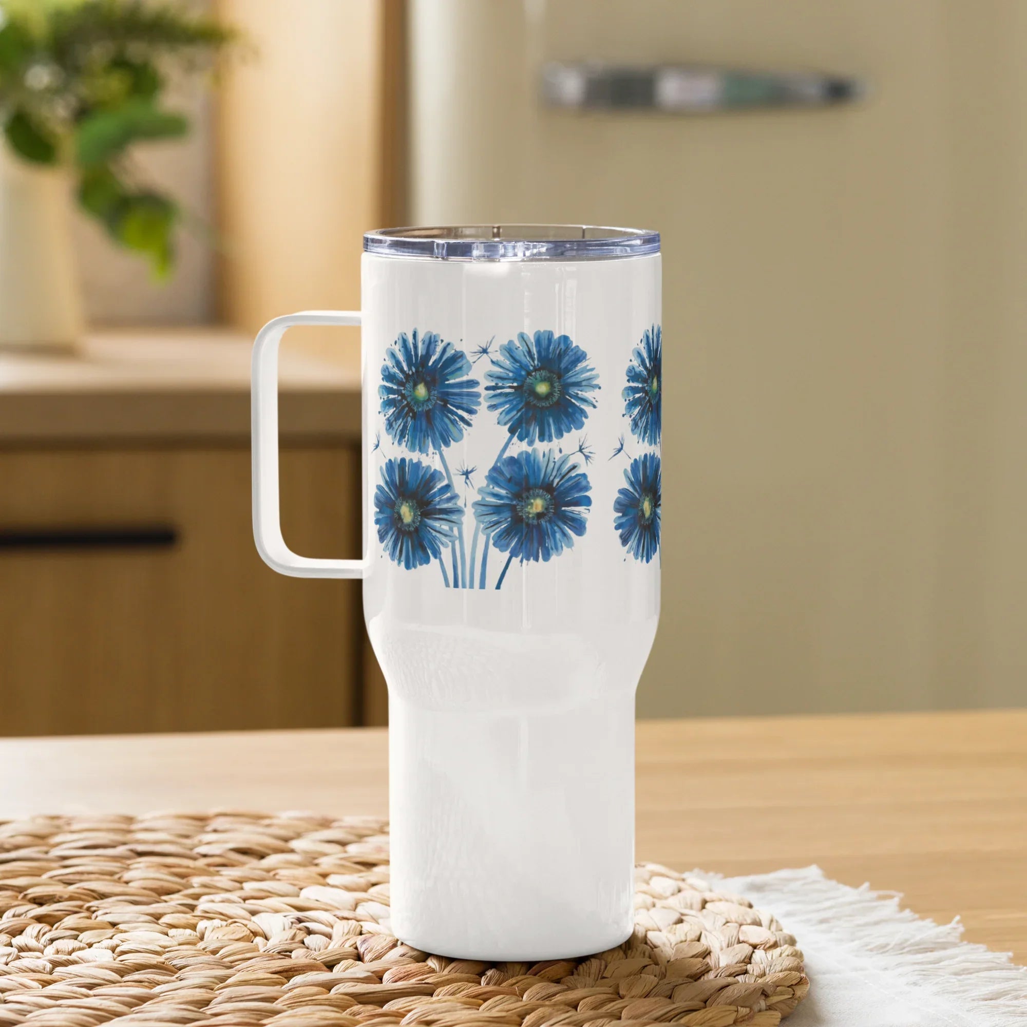 Elegant Blue Flowers Travel Mug – Premium Stainless Steel Tea Cup with Lid - RaZits