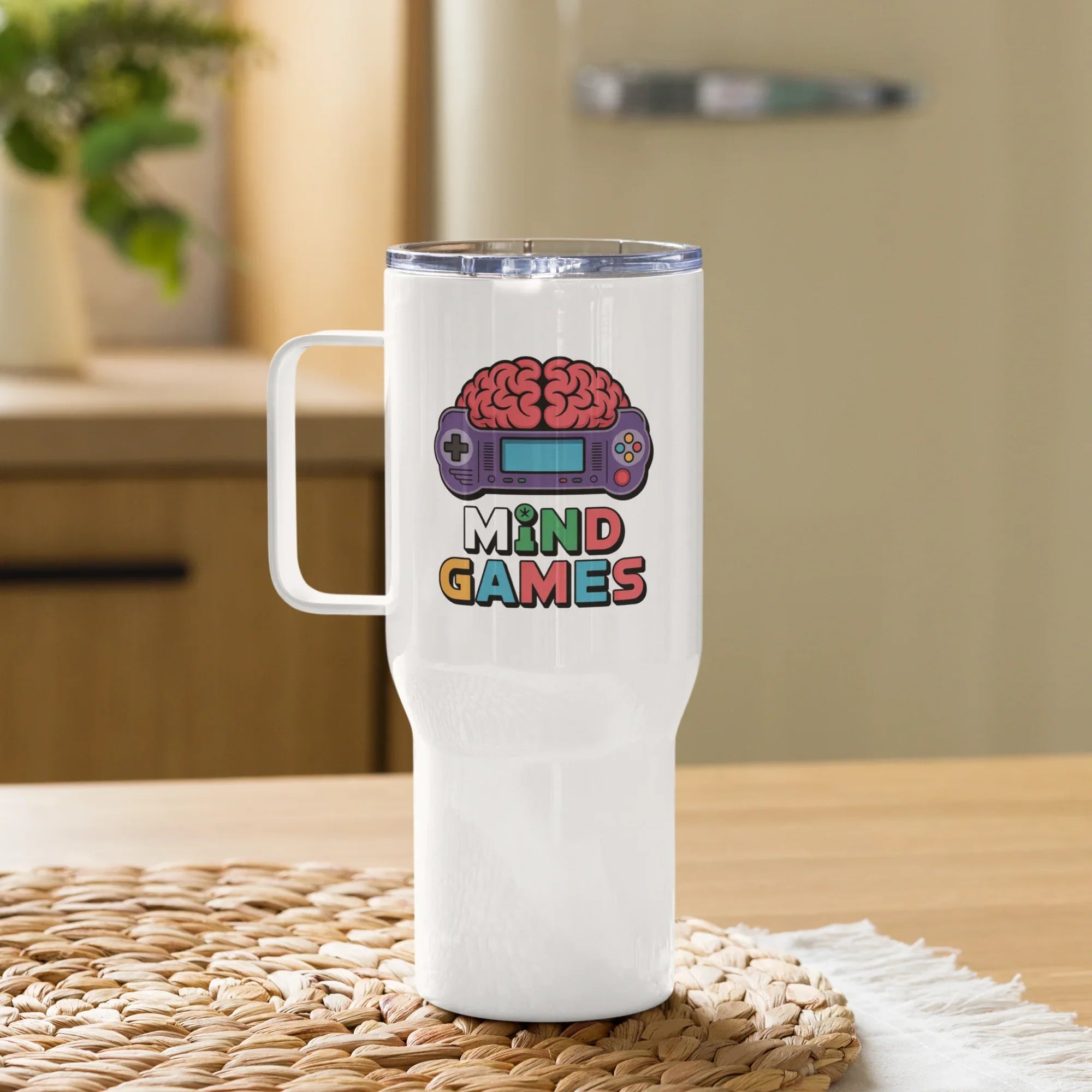 Mind Games Gamer Travel Mug – Brain & Controller Puzzle Art - RaZits