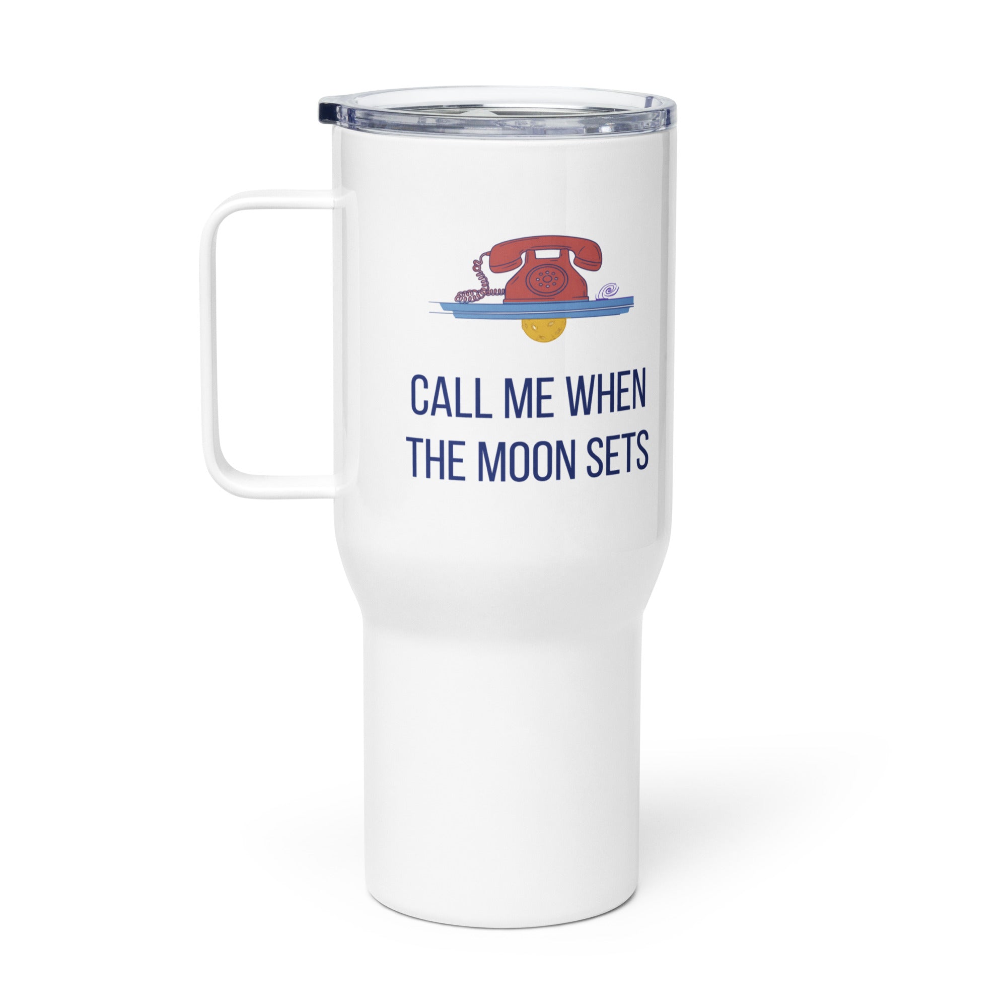 Call Me When the Moon Sets 25 oz white astronomy travel mug, front view of the red rotary phone and setting moon art