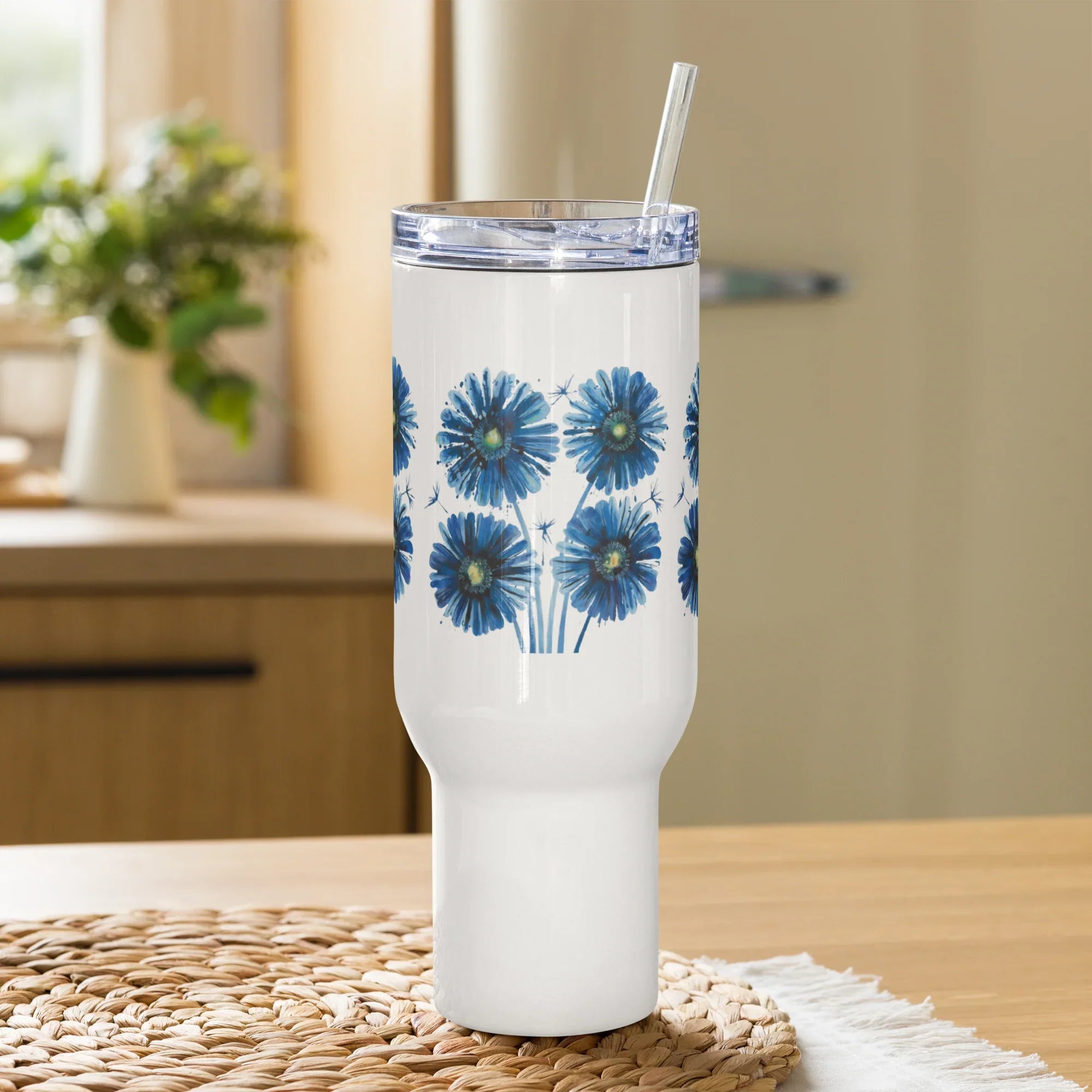 Elegant Blue Flowers Travel Mug – Premium Stainless Steel Tea Cup with Lid - RaZits