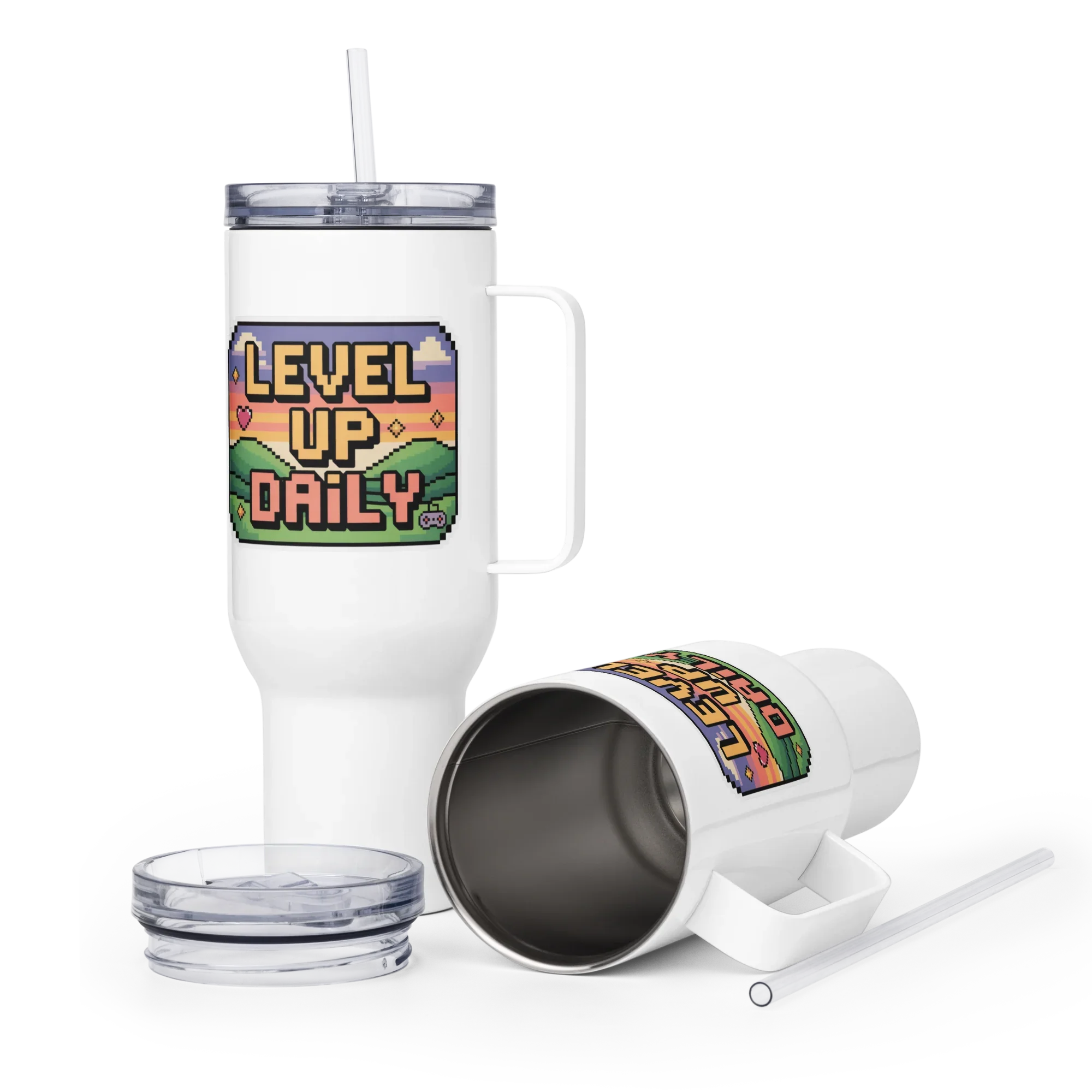 Level Up Daily Pixel Art Design – Motivational Retro Gaming Mug - RaZits