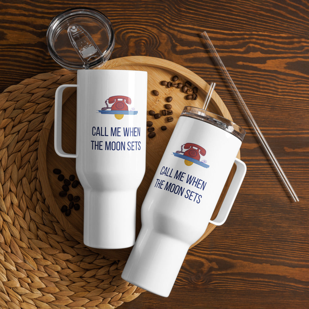 Two Call Me When the Moon Sets 40 oz travel mugs with straws on a wooden tray, seen from above