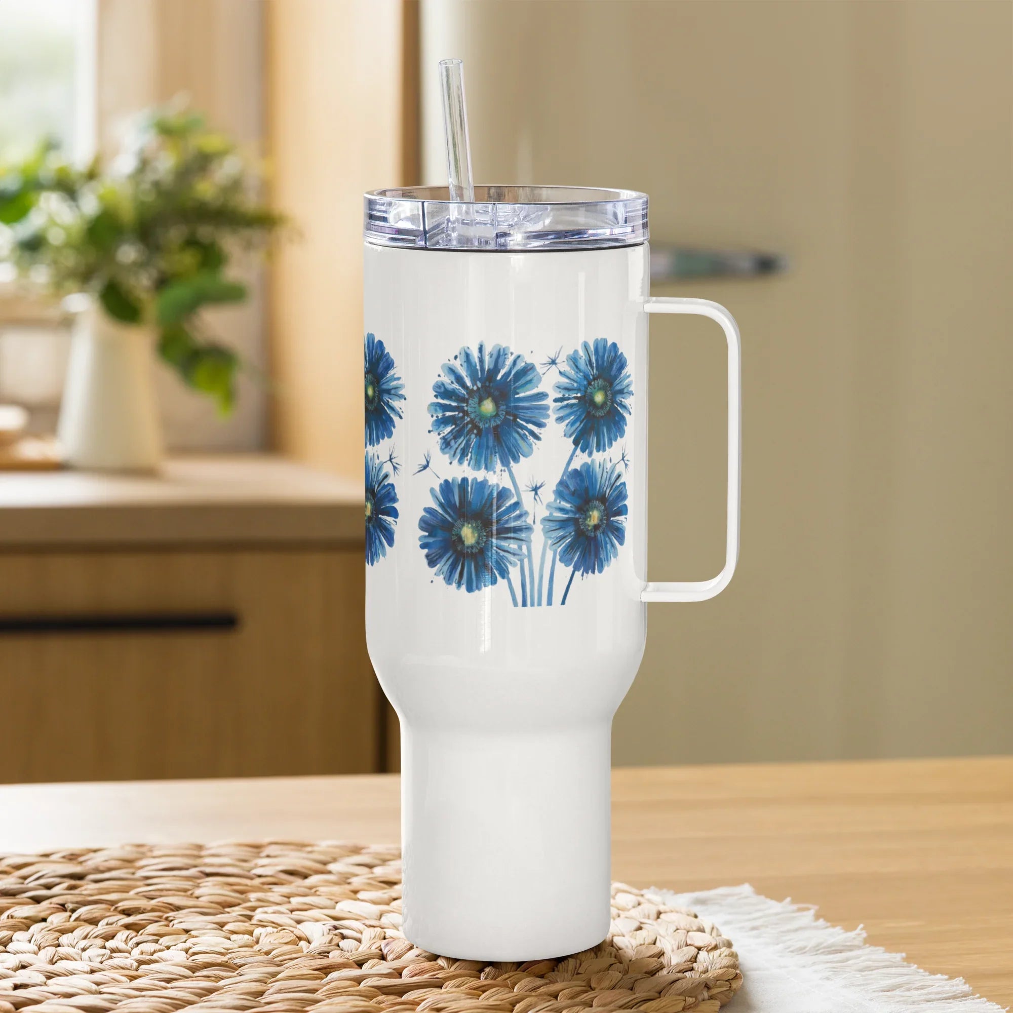Elegant Blue Flowers Travel Mug – Premium Stainless Steel Tea Cup with Lid - RaZits