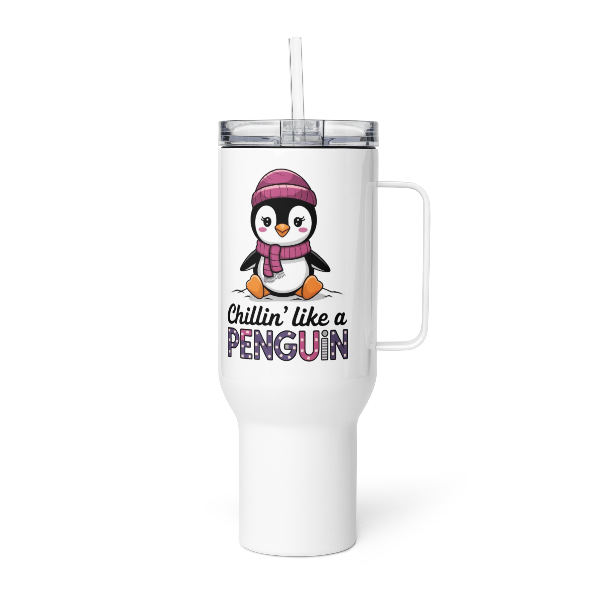 Penguin Travel Mug – 25oz & 40oz Stainless Steel Coffee Cup with Handle.