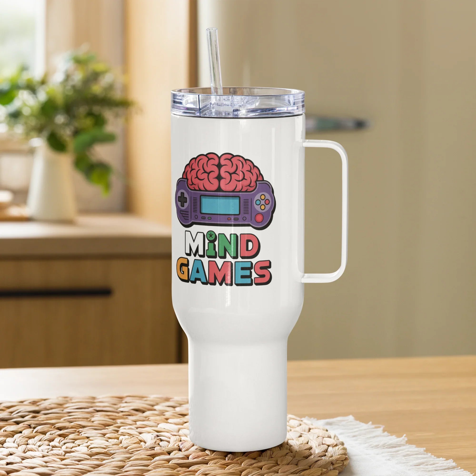 Mind Games Gamer Travel Mug – Brain & Controller Puzzle Art - RaZits