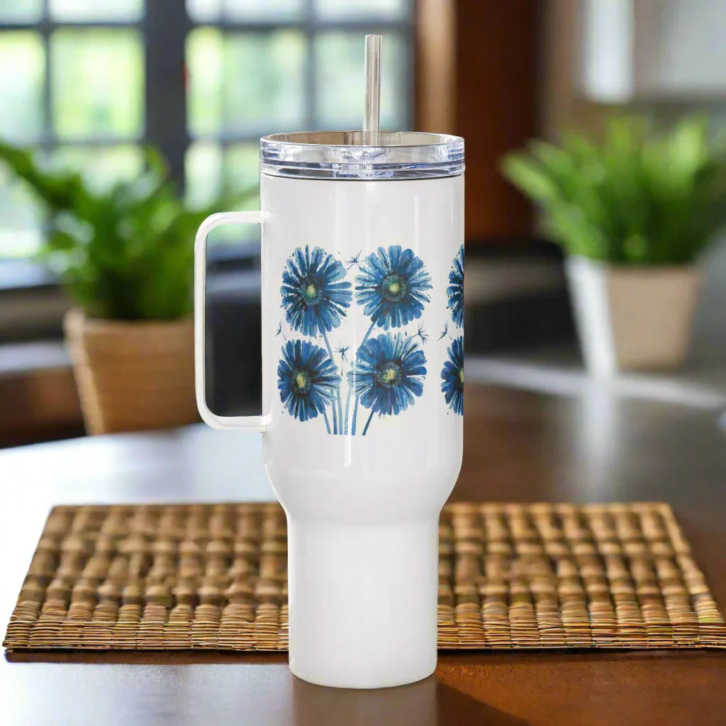 Elegant Blue Flowers Travel Mug – Premium Stainless Steel Tea Cup with Lid - RaZits