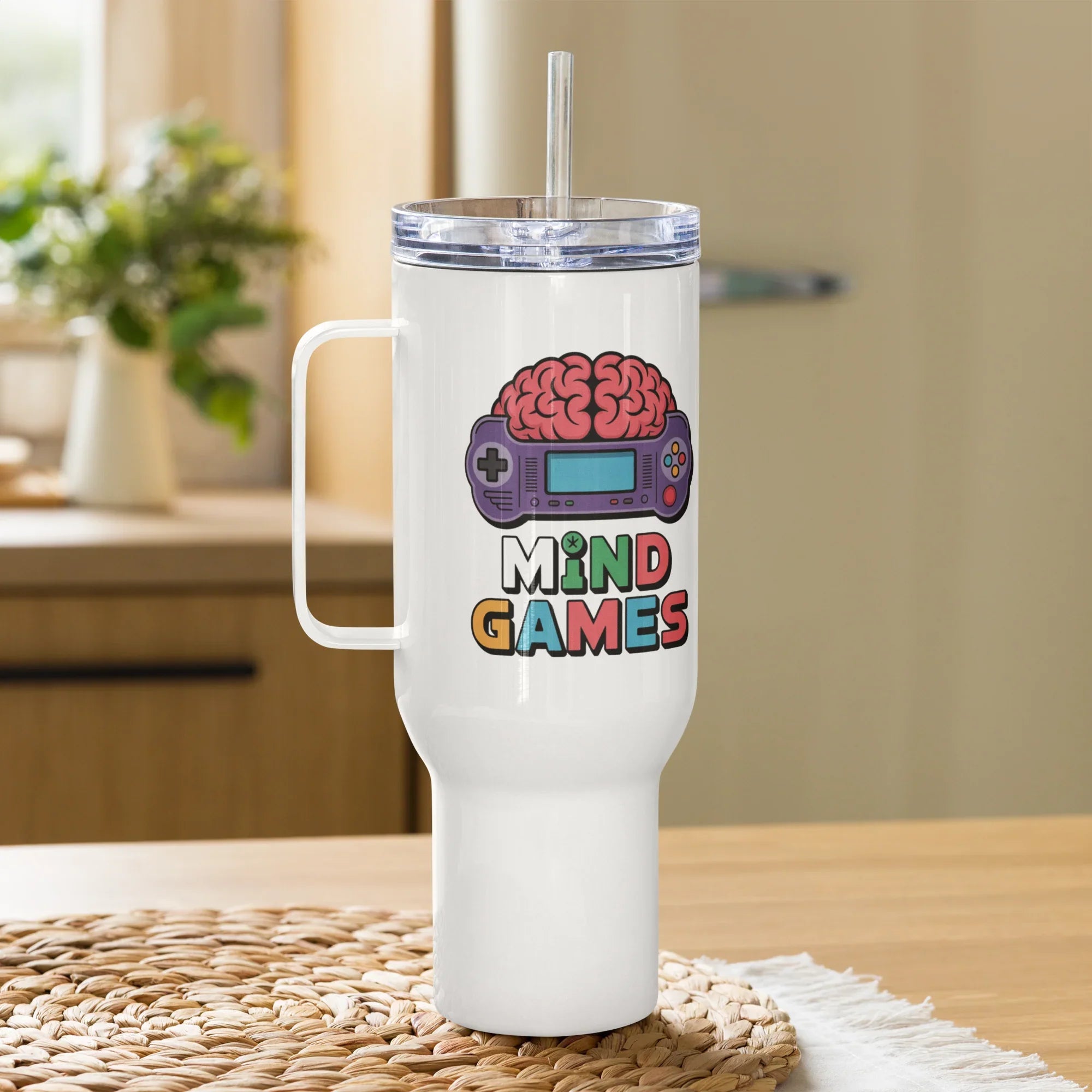 Mind Games Gamer Travel Mug – Brain & Controller Puzzle Art - RaZits