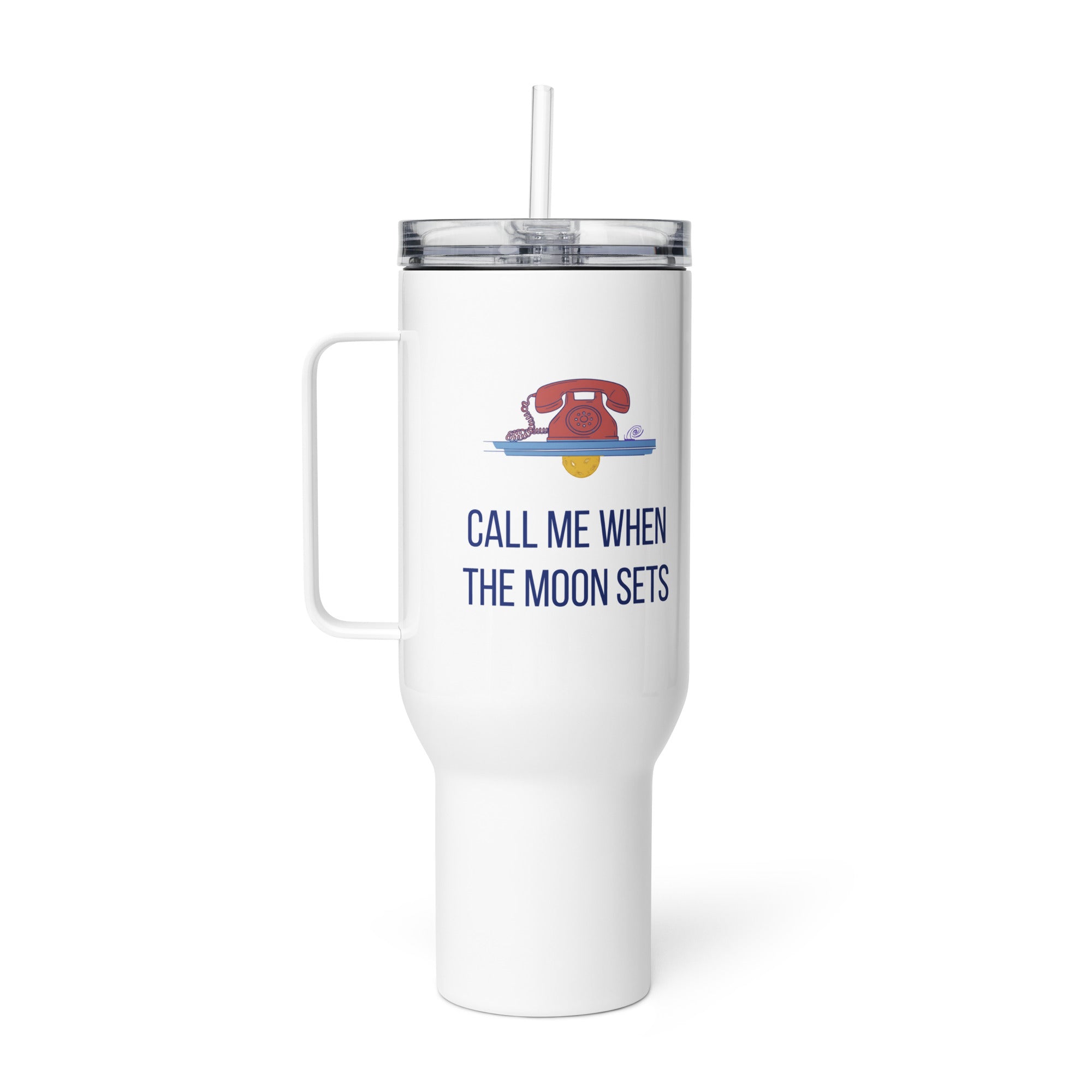 Call Me When the Moon Sets 40 oz astronomy travel mug with straw lid, front view of the rotary phone and moon art