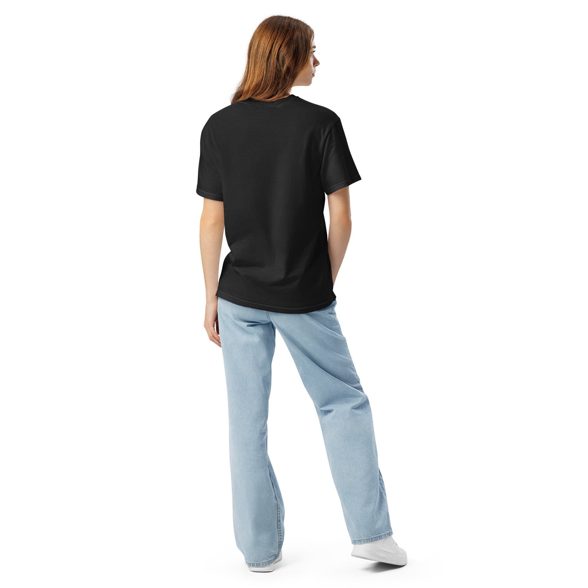 Back view of a woman in the Black Filter My Feed nebula shirt, showing the plain back
