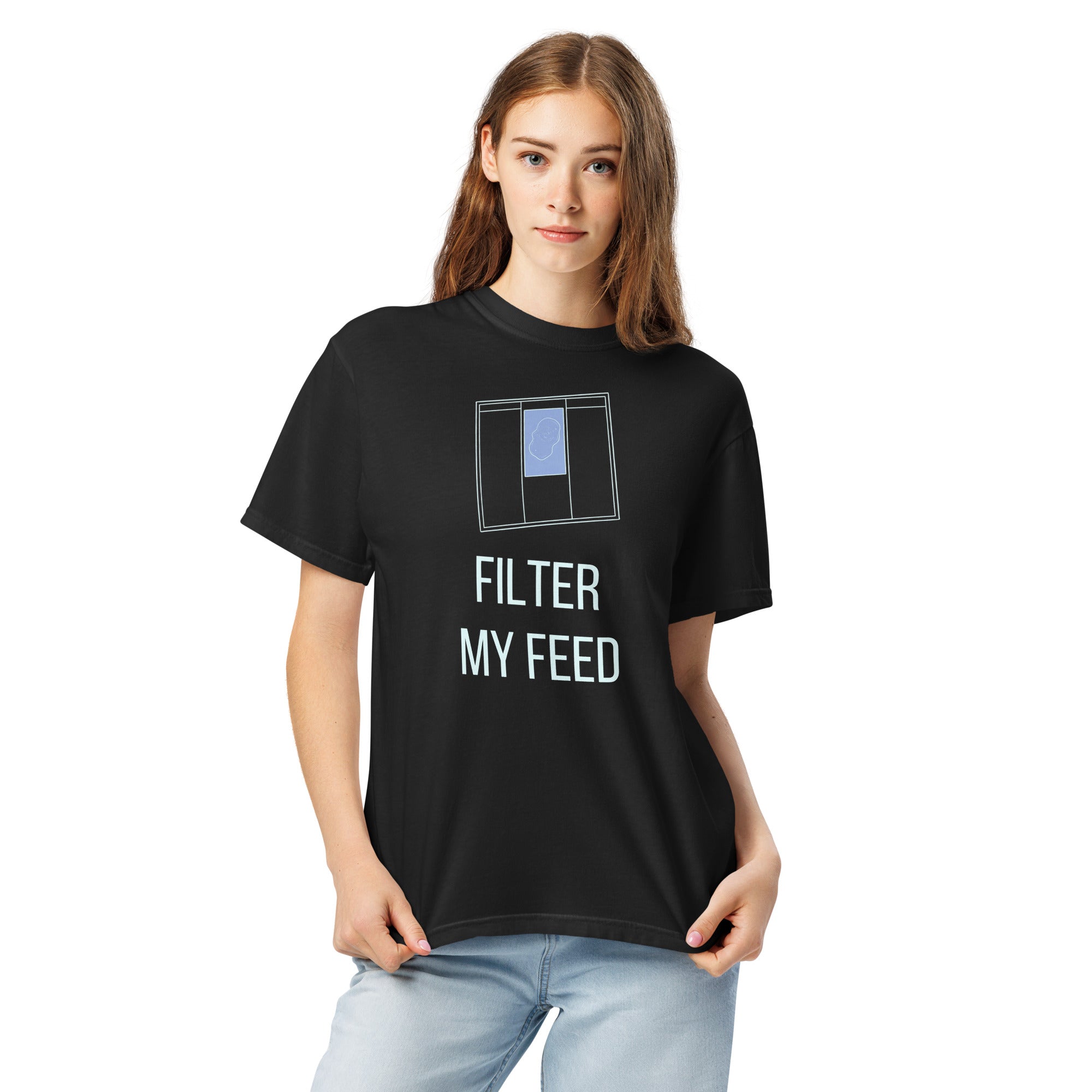 Woman wearing the Black Filter My Feed nebula shirt, front close-up with the filter frame and lettering fully visible