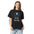 Woman wearing the Black Filter My Feed nebula shirt, front close-up with the filter frame and lettering fully visible