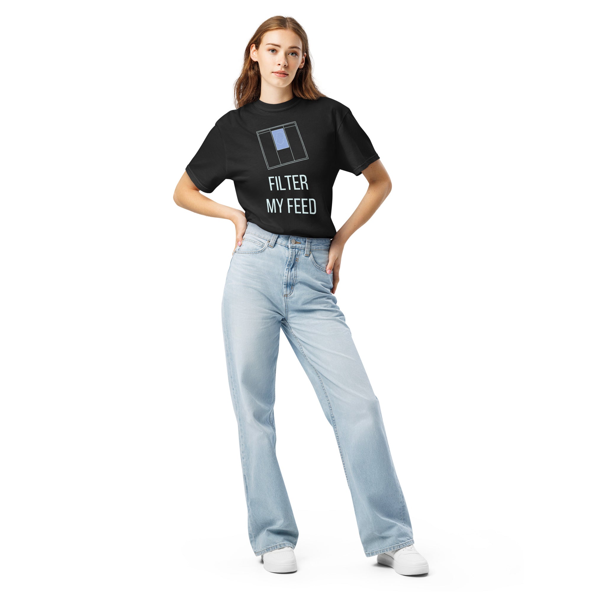 Full-length front view of a woman in the Black Filter My Feed nebula shirt with light jeans