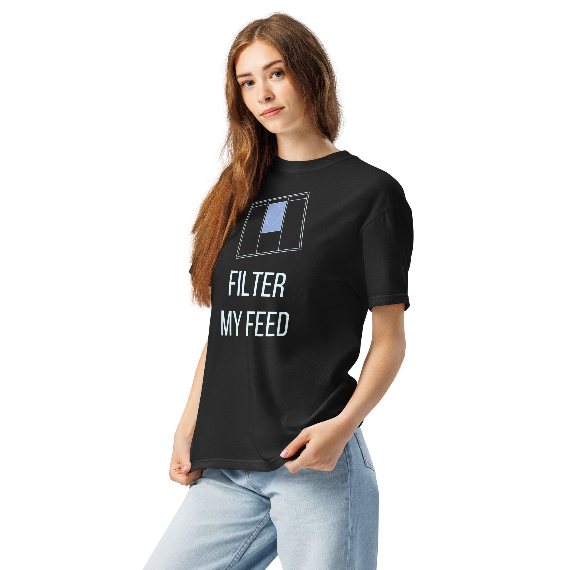 Angled front view of a woman in the Black Filter My Feed nebula shirt