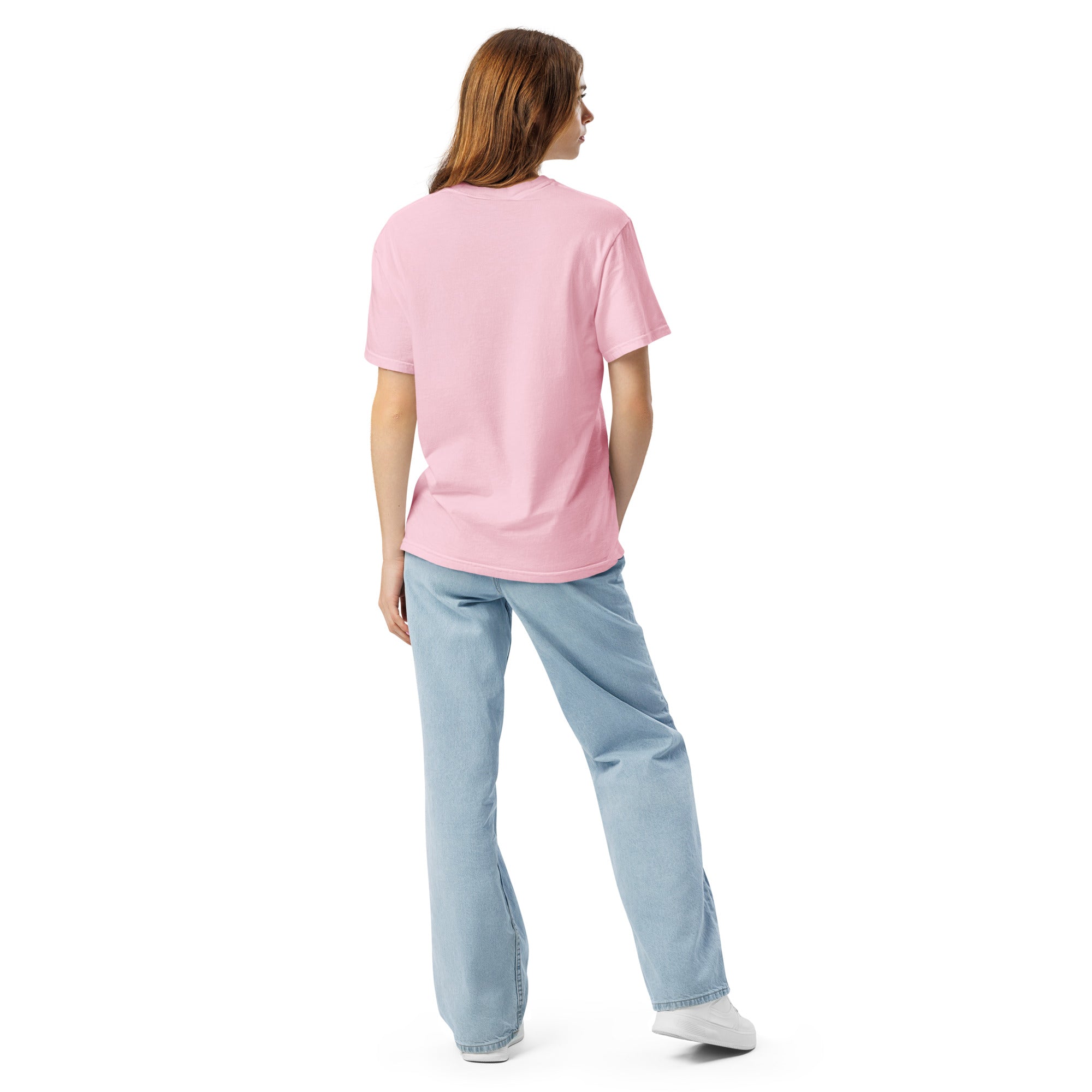 Back view of a woman in the Blossom Cluster Muster star cluster shirt, showing the plain back