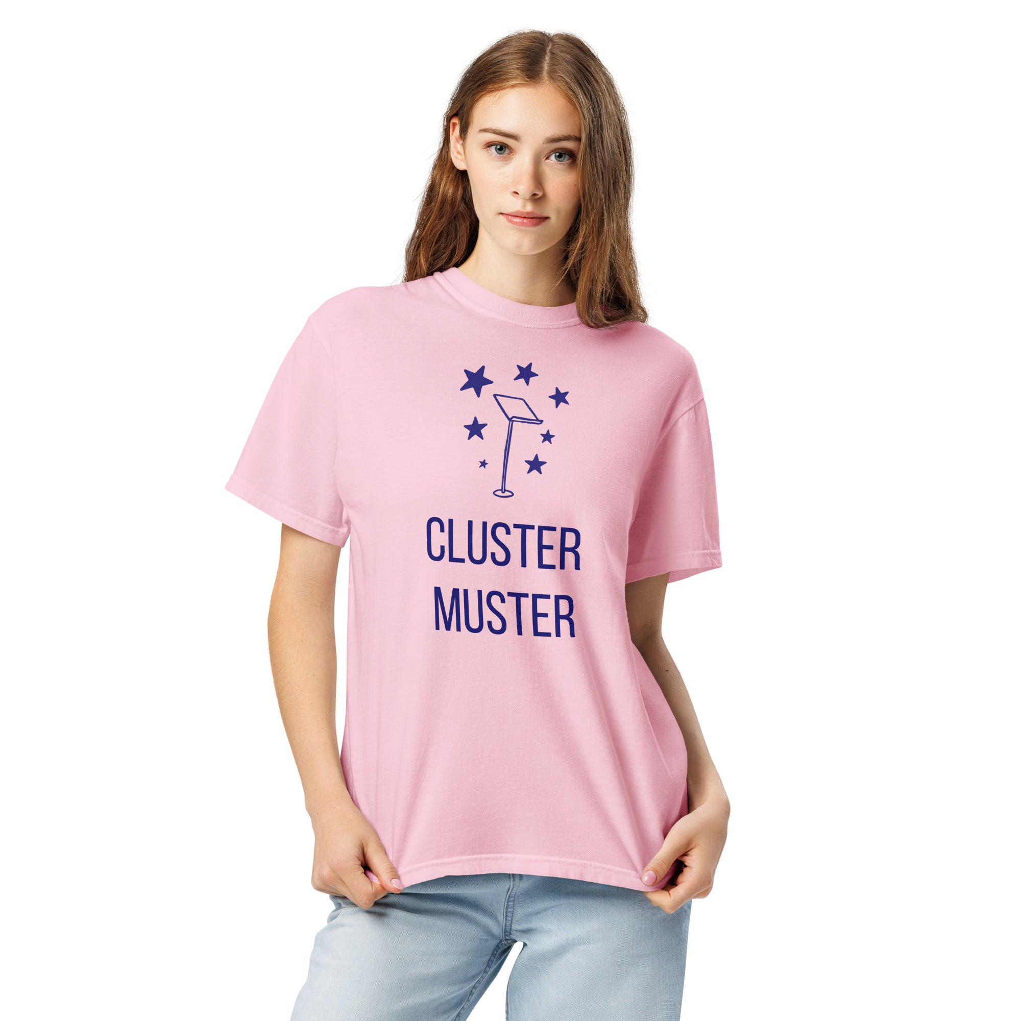 Woman wearing the Blossom Cluster Muster star cluster shirt, front close-up with the stars, music stand and lettering fully visible