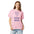 Woman wearing the Blossom Cluster Muster star cluster shirt, front close-up with the stars, music stand and lettering fully visible