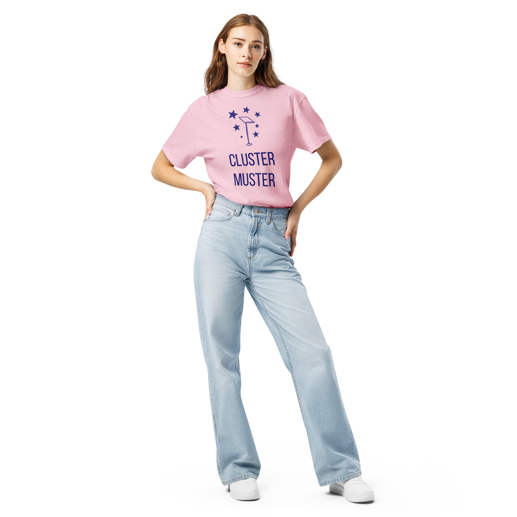 Full-length front view of a woman in the Blossom Cluster Muster star cluster shirt with light jeans