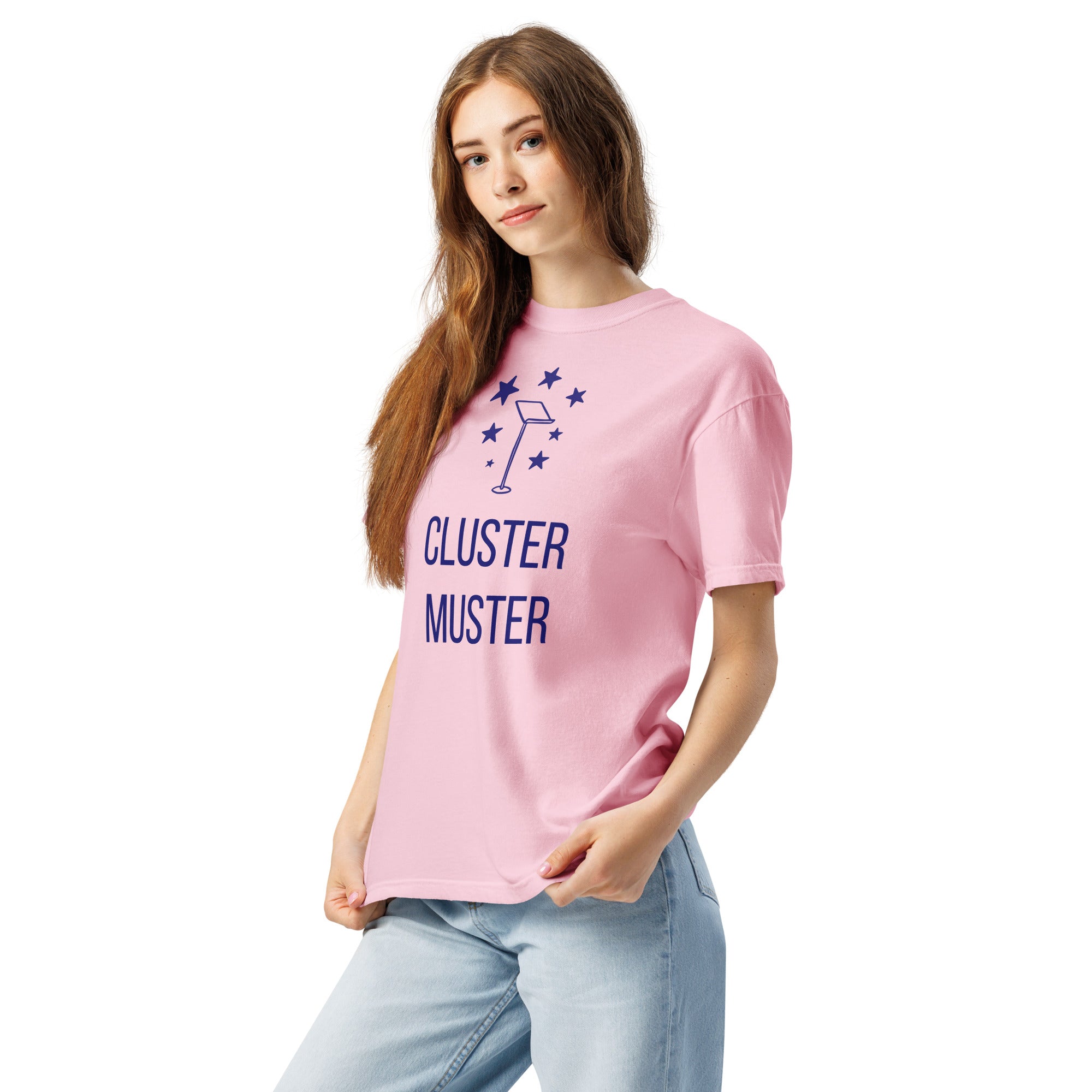 Angled front view of a woman in the Blossom Cluster Muster star cluster shirt