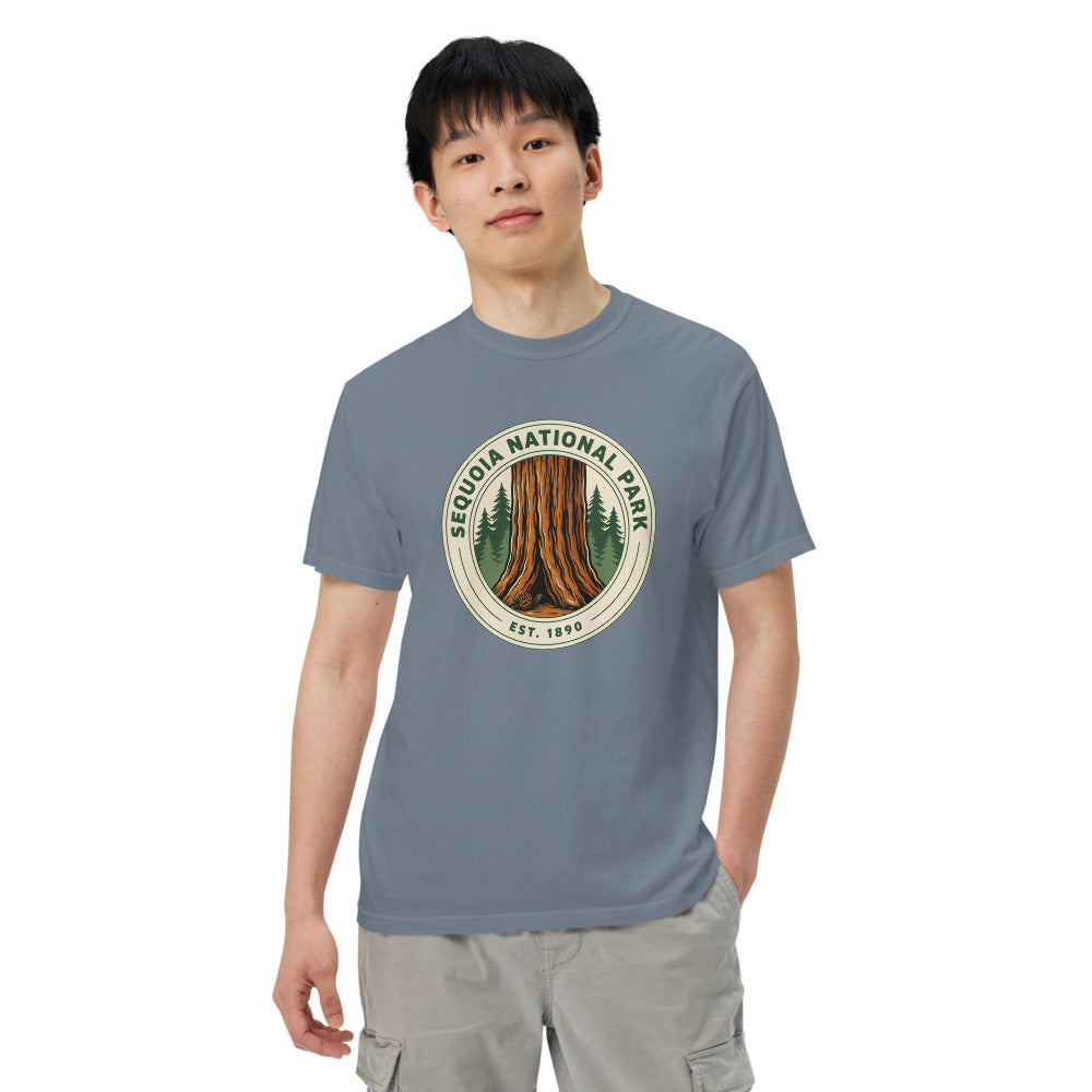 Sequoia National Park badge tee worn by a model in Blue Jean, side angle