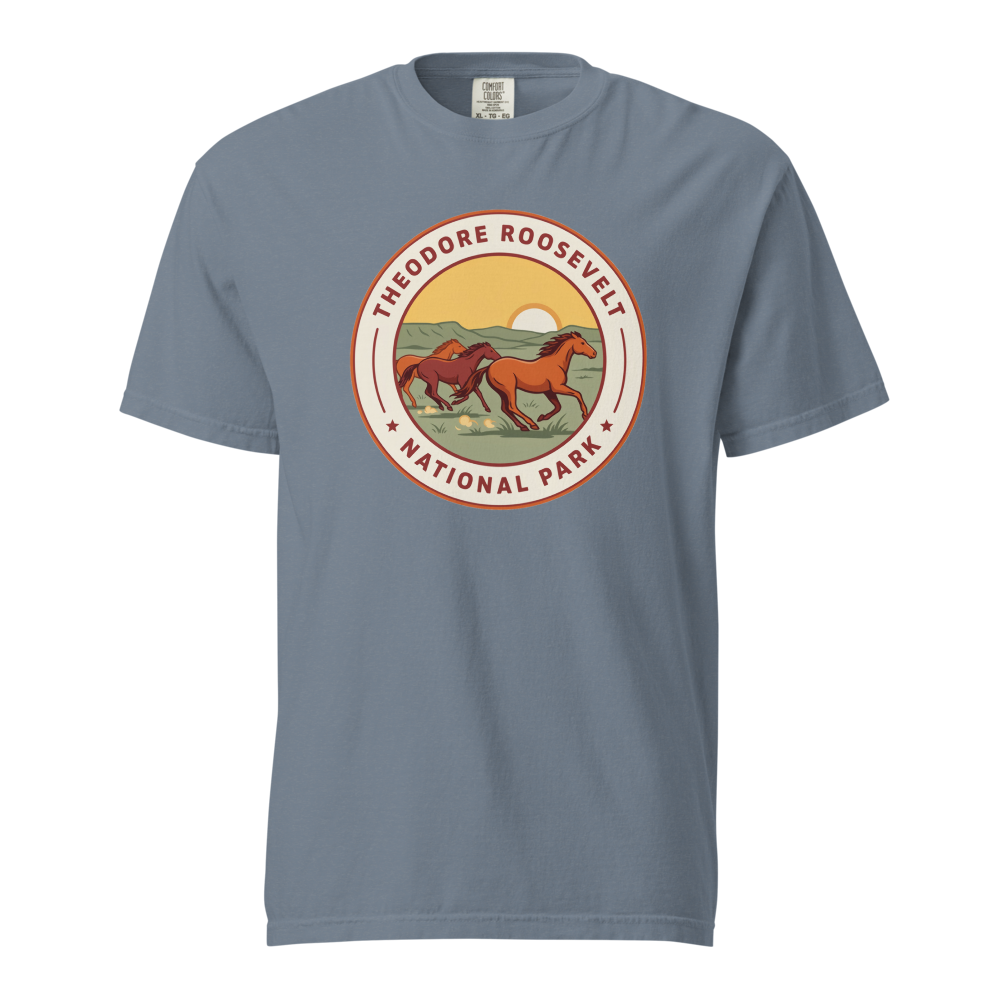 Theodore Roosevelt National Park vintage badge t-shirt in Blue Jean, front view