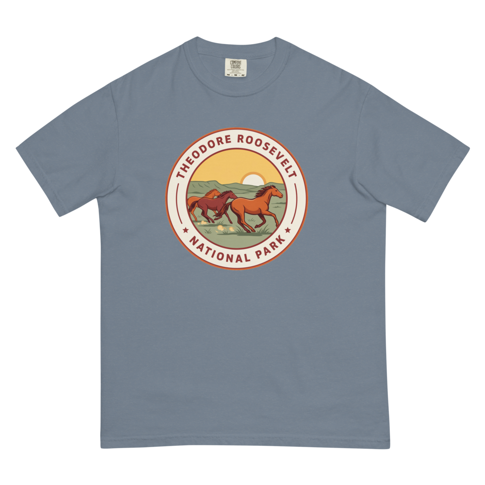 Theodore Roosevelt National Park vintage badge t-shirt in Blue Jean, flat lay